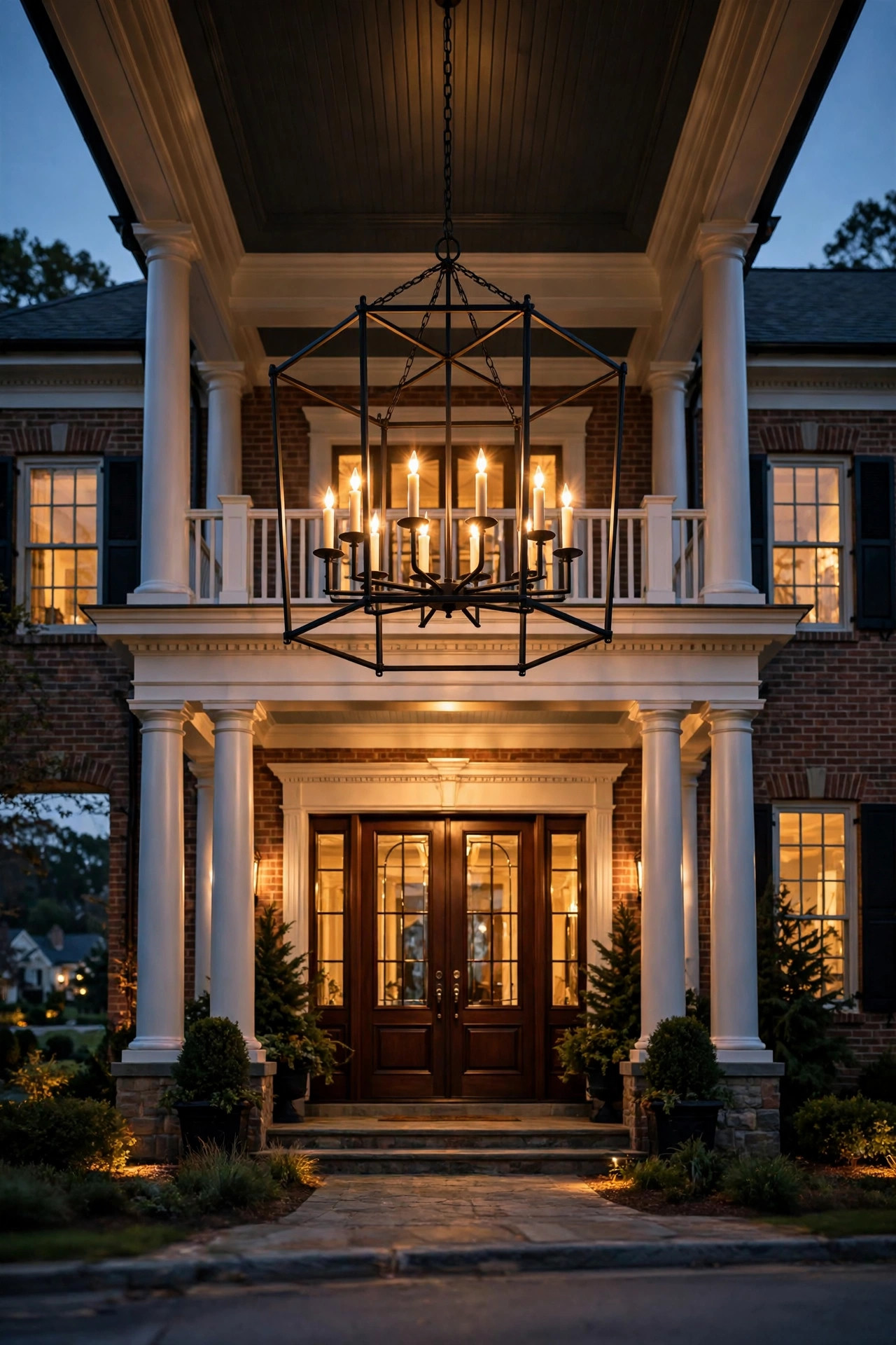 Oversized outdoor chandelier as a dramatic focal point over a grand front entry