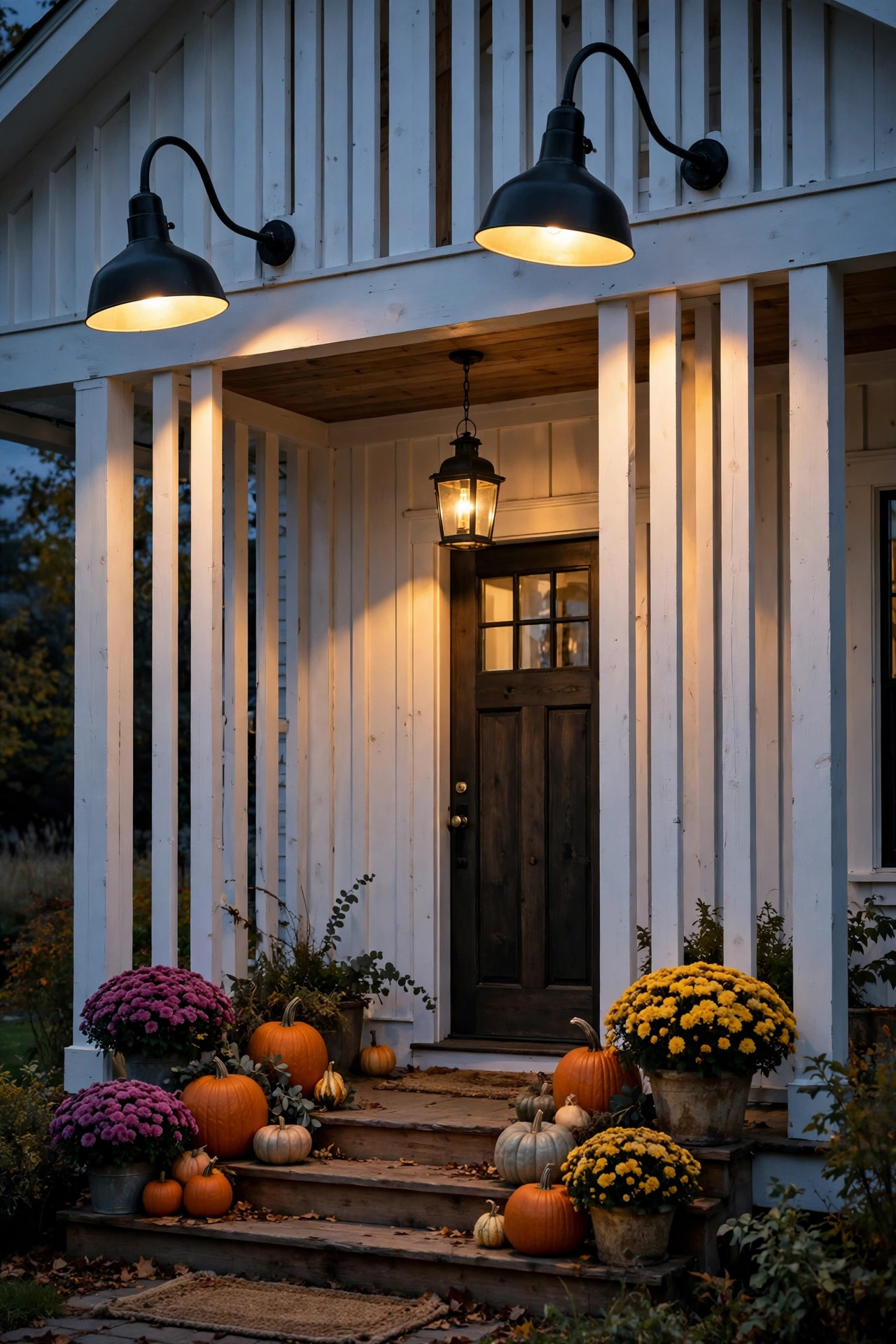 Oversized gooseneck barn lights glowing over a front porch entry
