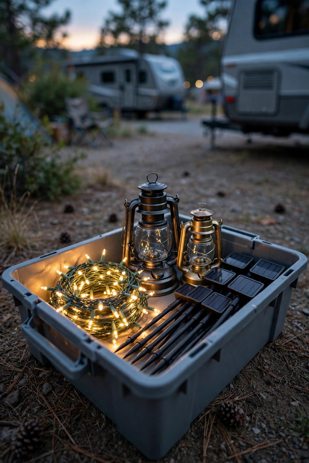 Flat storage tote neatly packed with coiled string lights, lanterns and solar stakes for RV travel