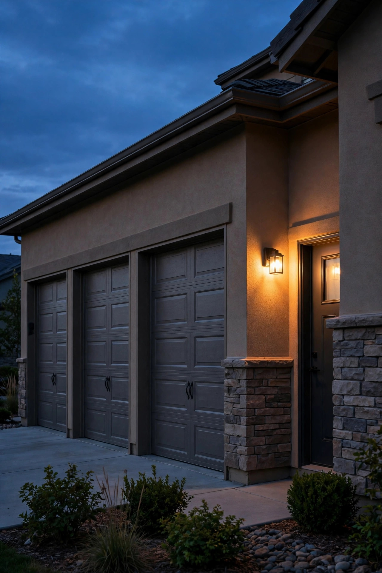 Compact warm sconce lighting the pedestrian side door at the end of a three-car garage at dusk