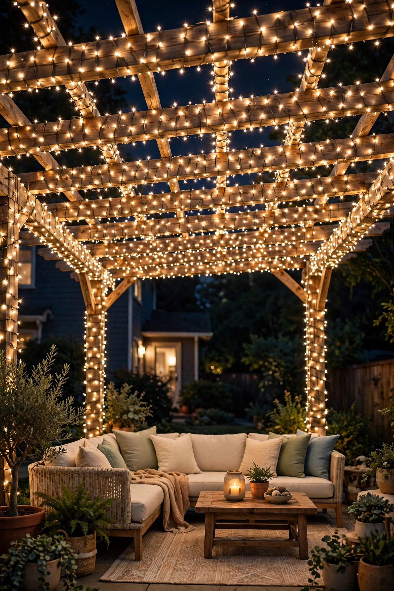 Pergola beams wrapped in warm fairy lights glowing over patio furniture at night
