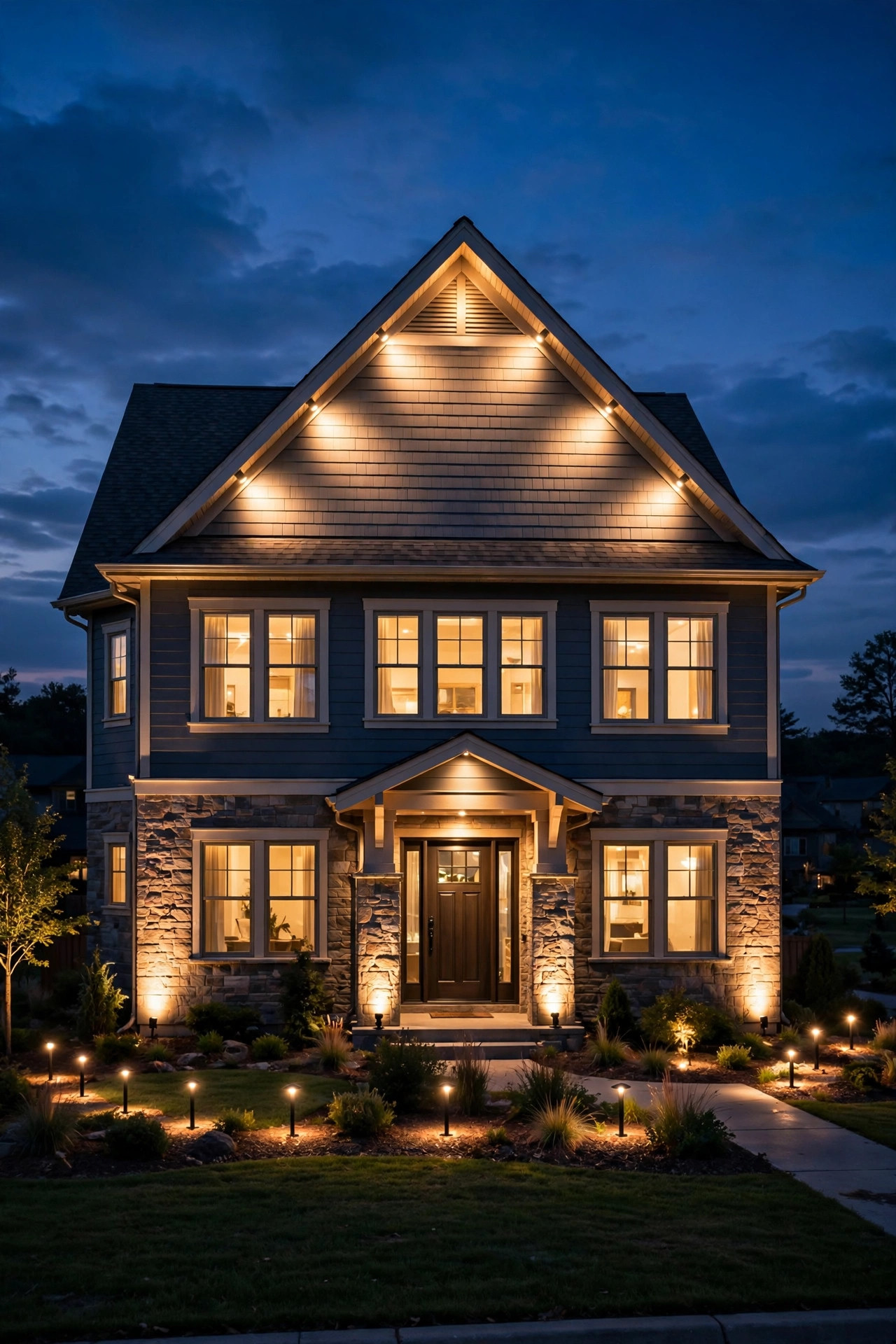 Fully lit suburban home facade at night showing a phased spotlight plan, hero feature, corners, gable, and entry all glowing warmly