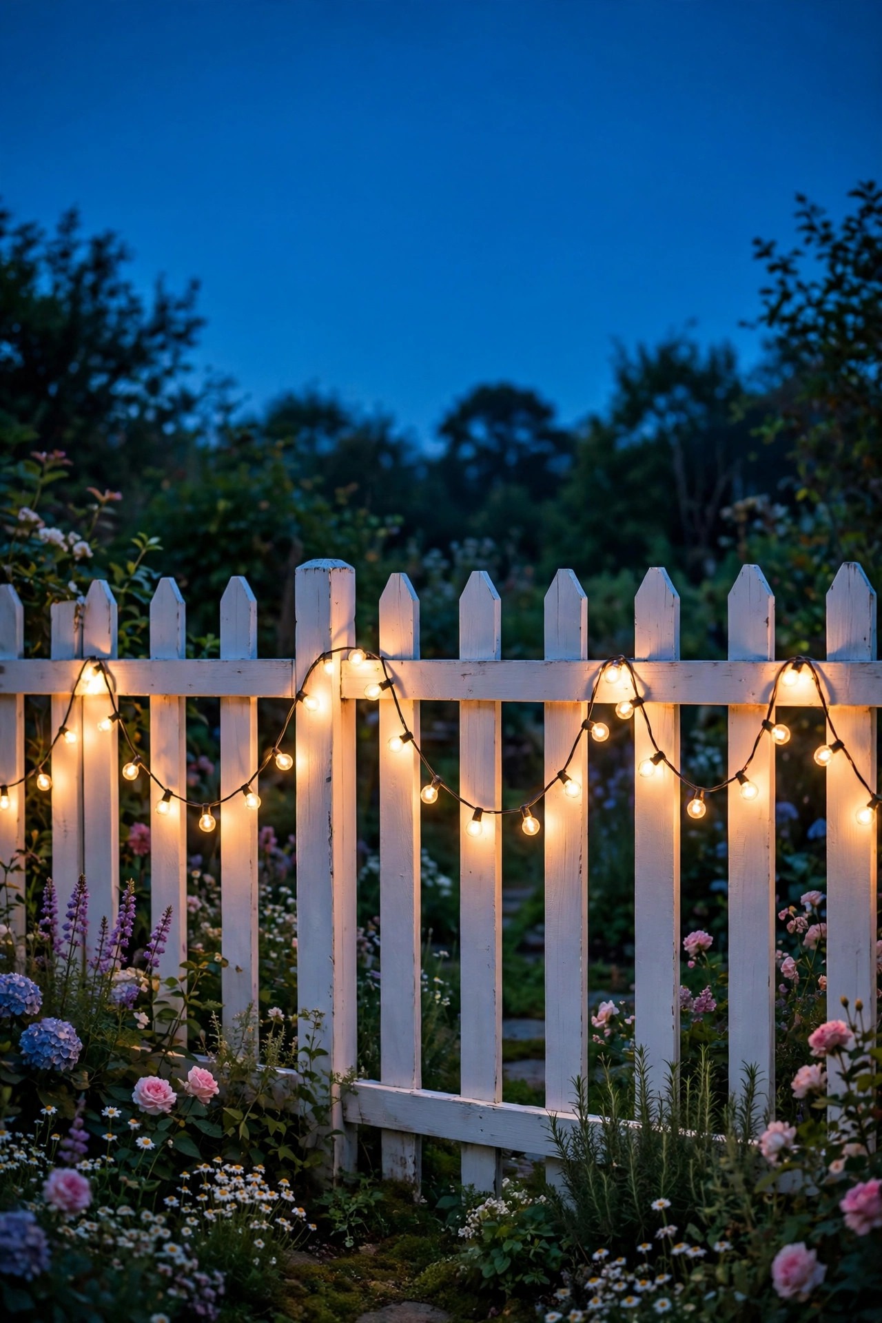 Warm string lights draped in soft scallops along the inside of a white picket fence in a cottage garden at dusk
