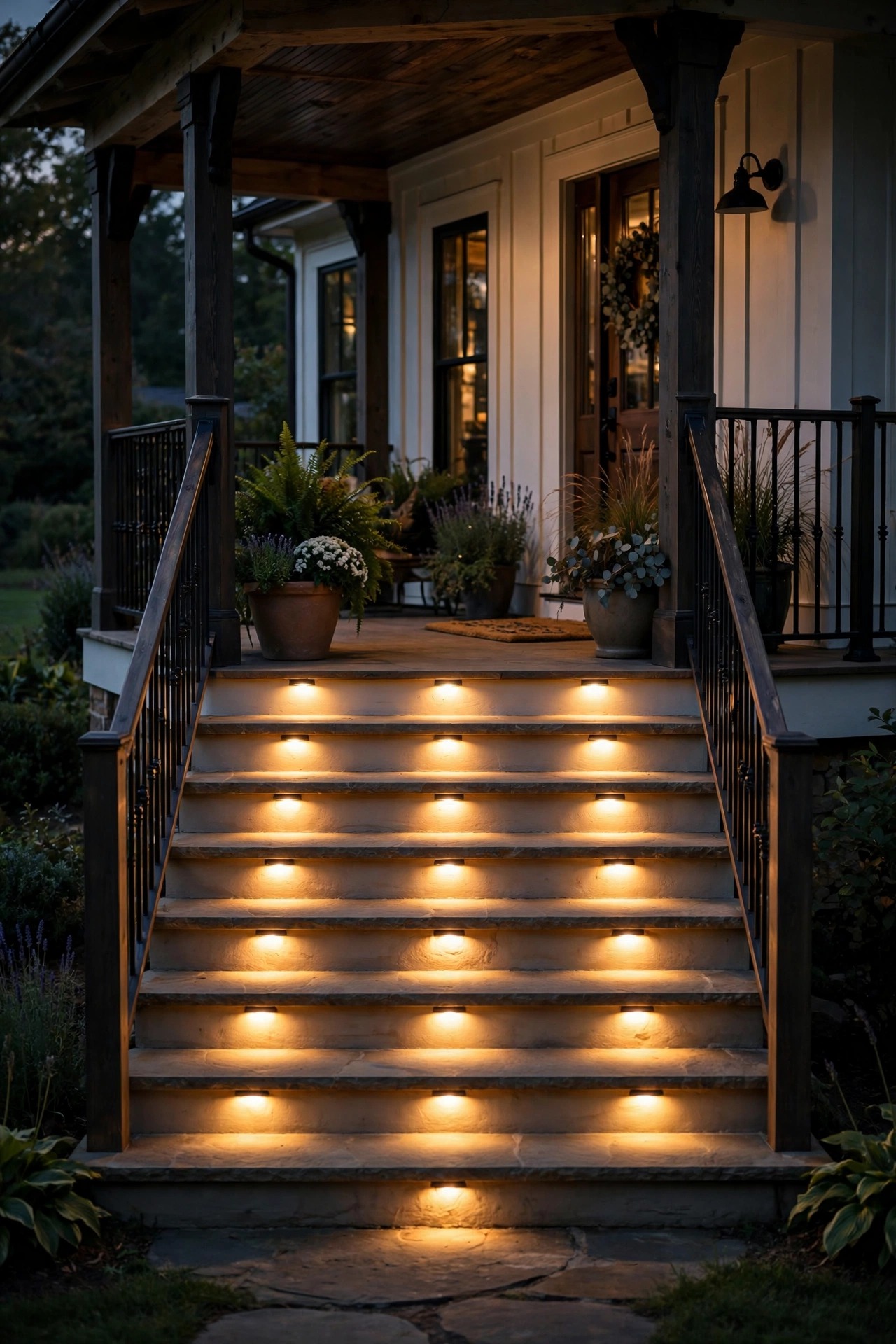 Recessed step lights washing warm light across wide farmhouse porch stairs at night