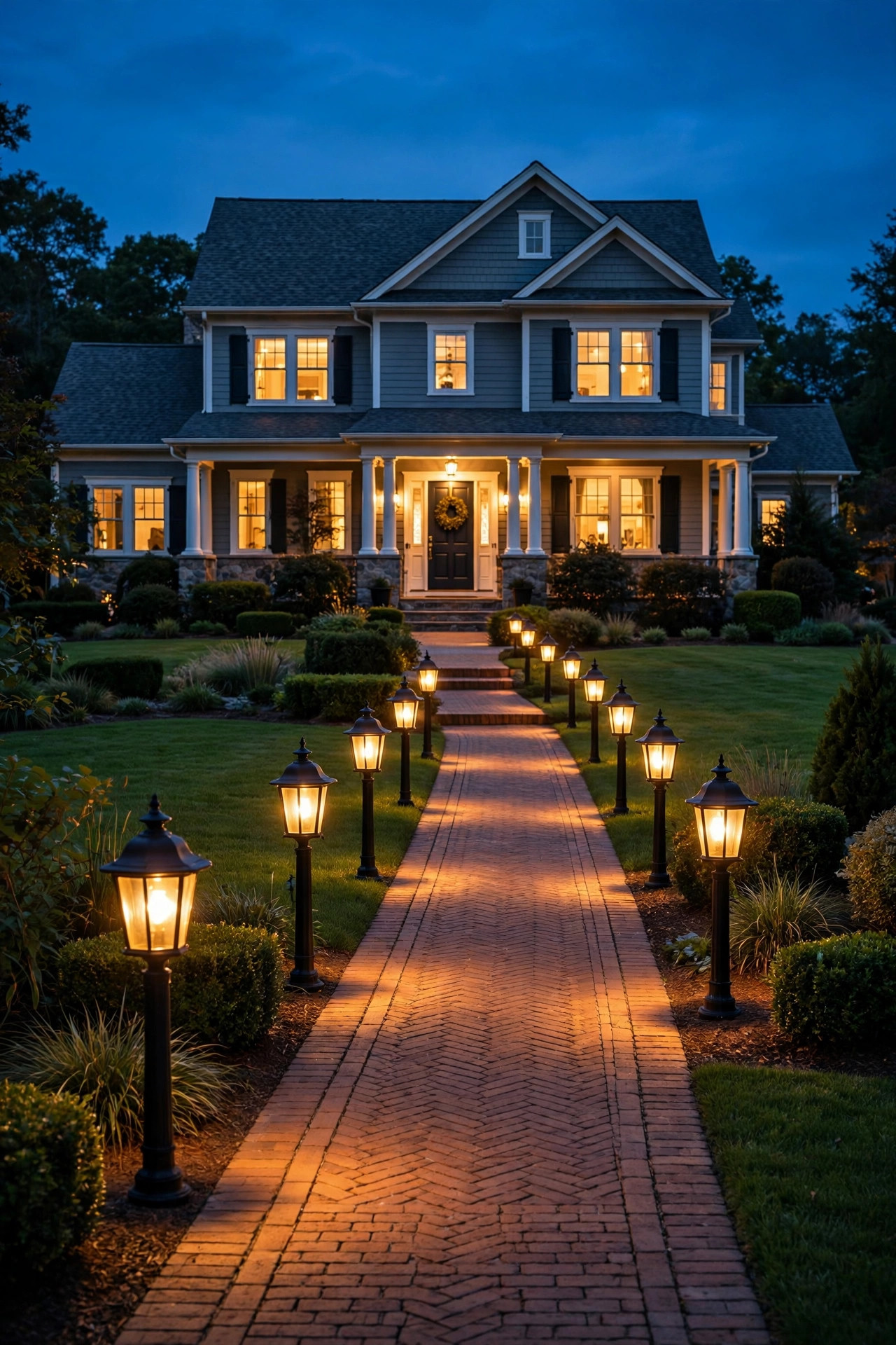 Matching post lanterns glowing along a front walkway leading to a lit home entry at dusk