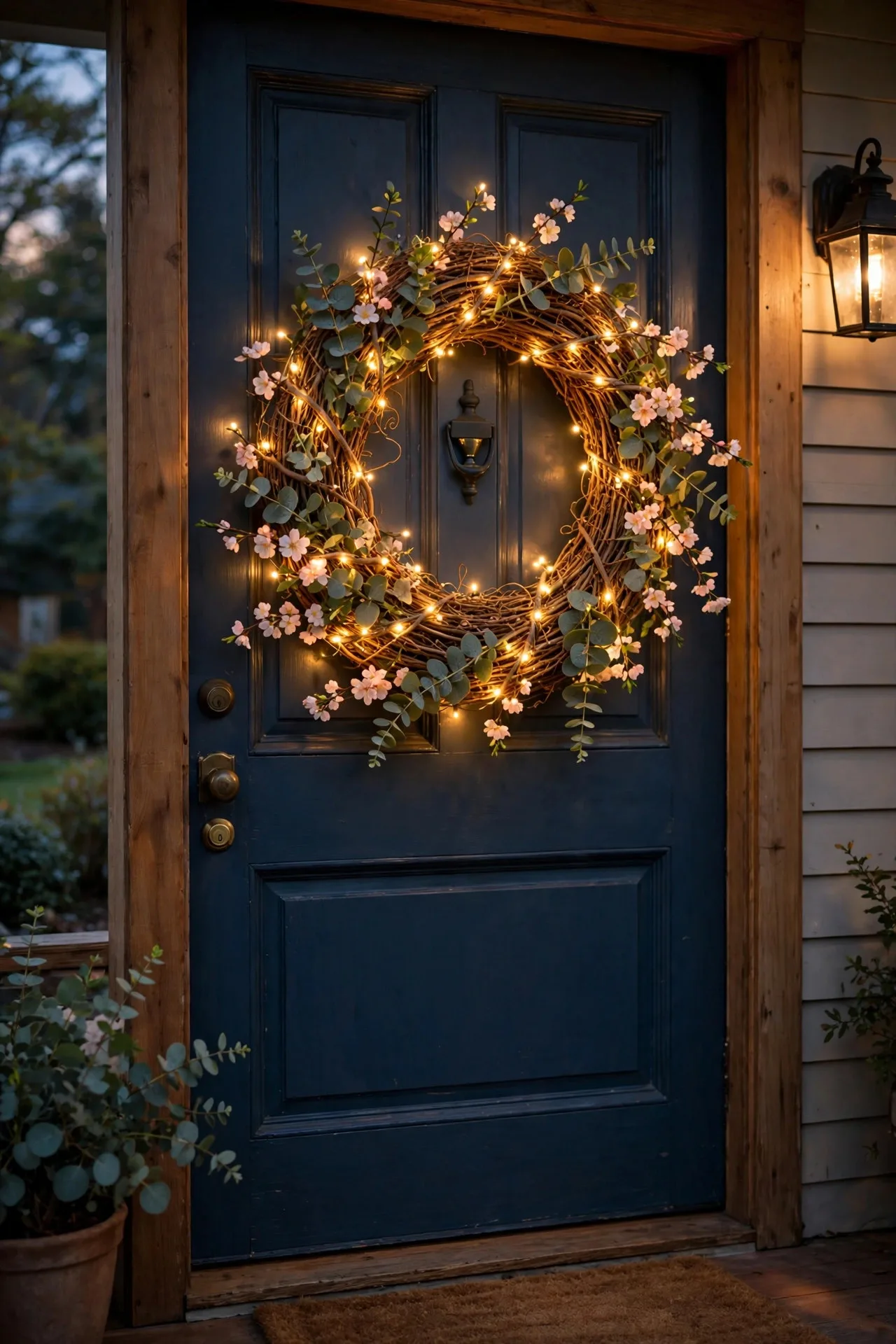 Prelit spring wreath with warm fairy lights and blossoms glowing on a front door at dusk