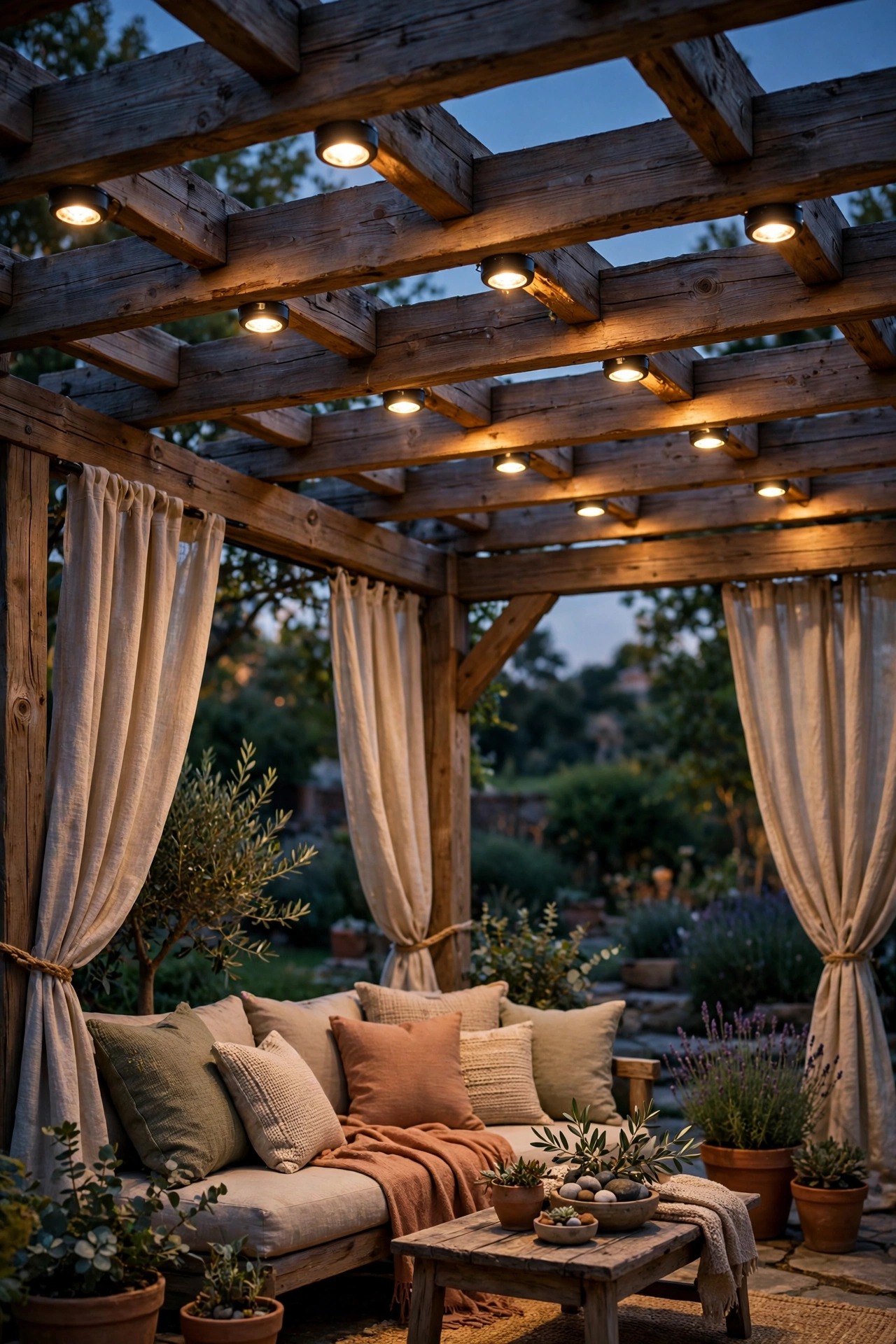 Battery puck lights tucked into pergola rafters above curtained seating
