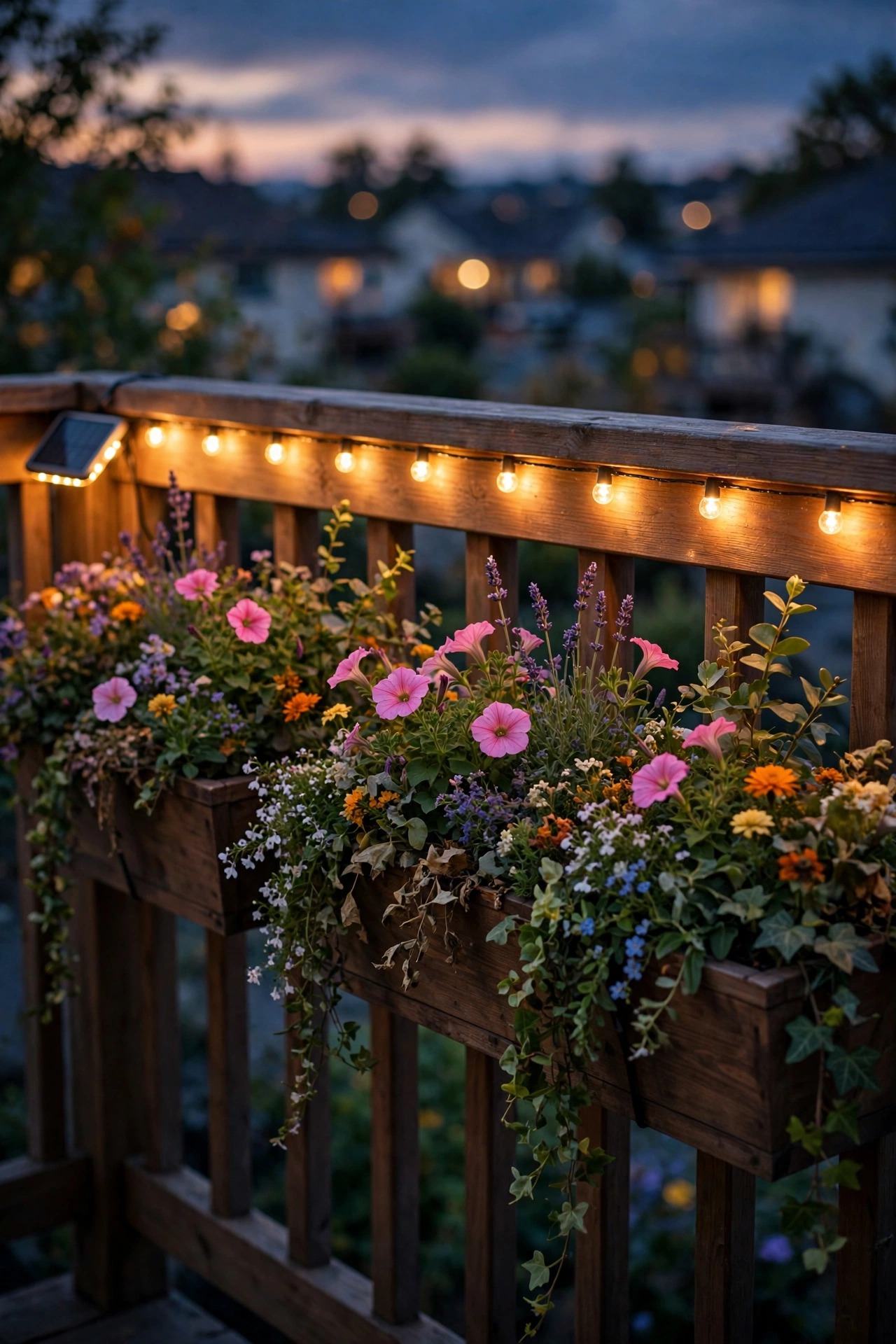 Railing planters full of flowers with a warm solar glow running along the top rail at dusk