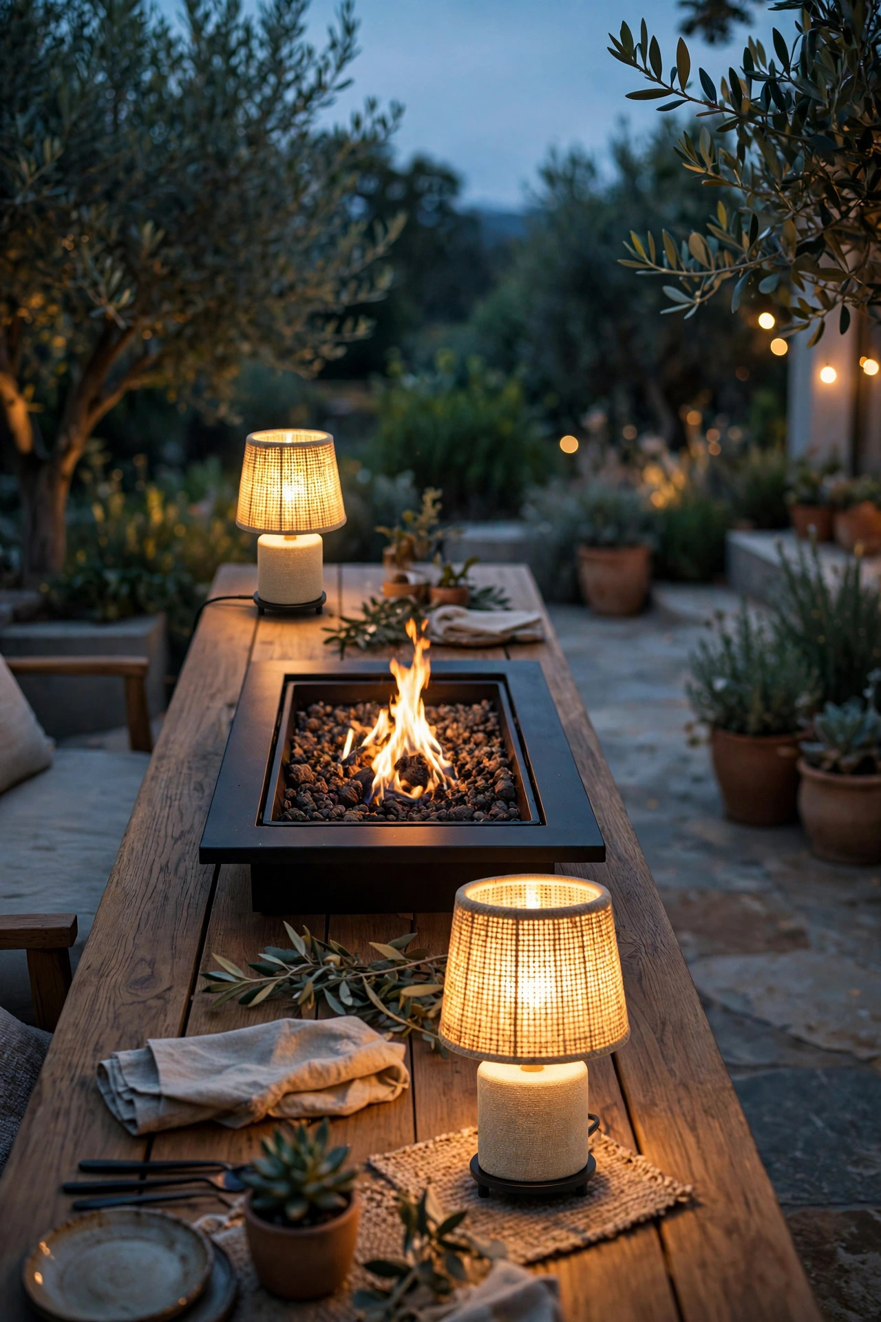Small rechargeable table lamps glowing warmly at each end of an outdoor dining table with a fire table centerpiece
