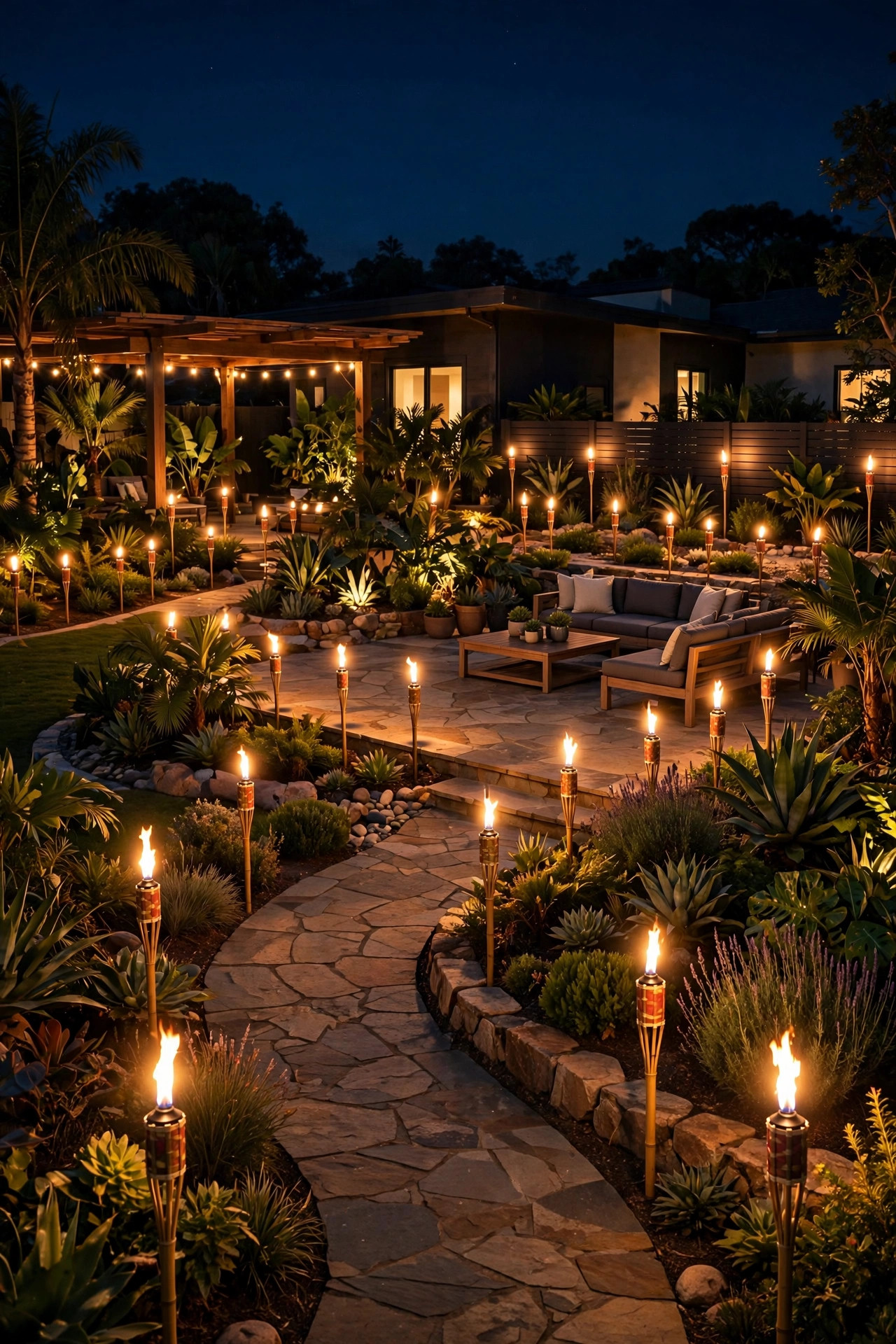 Whole backyard at night layered with solar tiki torch lights along paths, patio edges, and garden beds