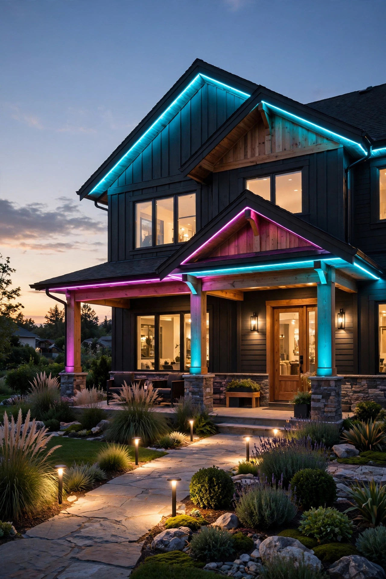 Beautifully layered rgb outdoor lights on a home at night with one hero color, one accent color and warm white path lighting