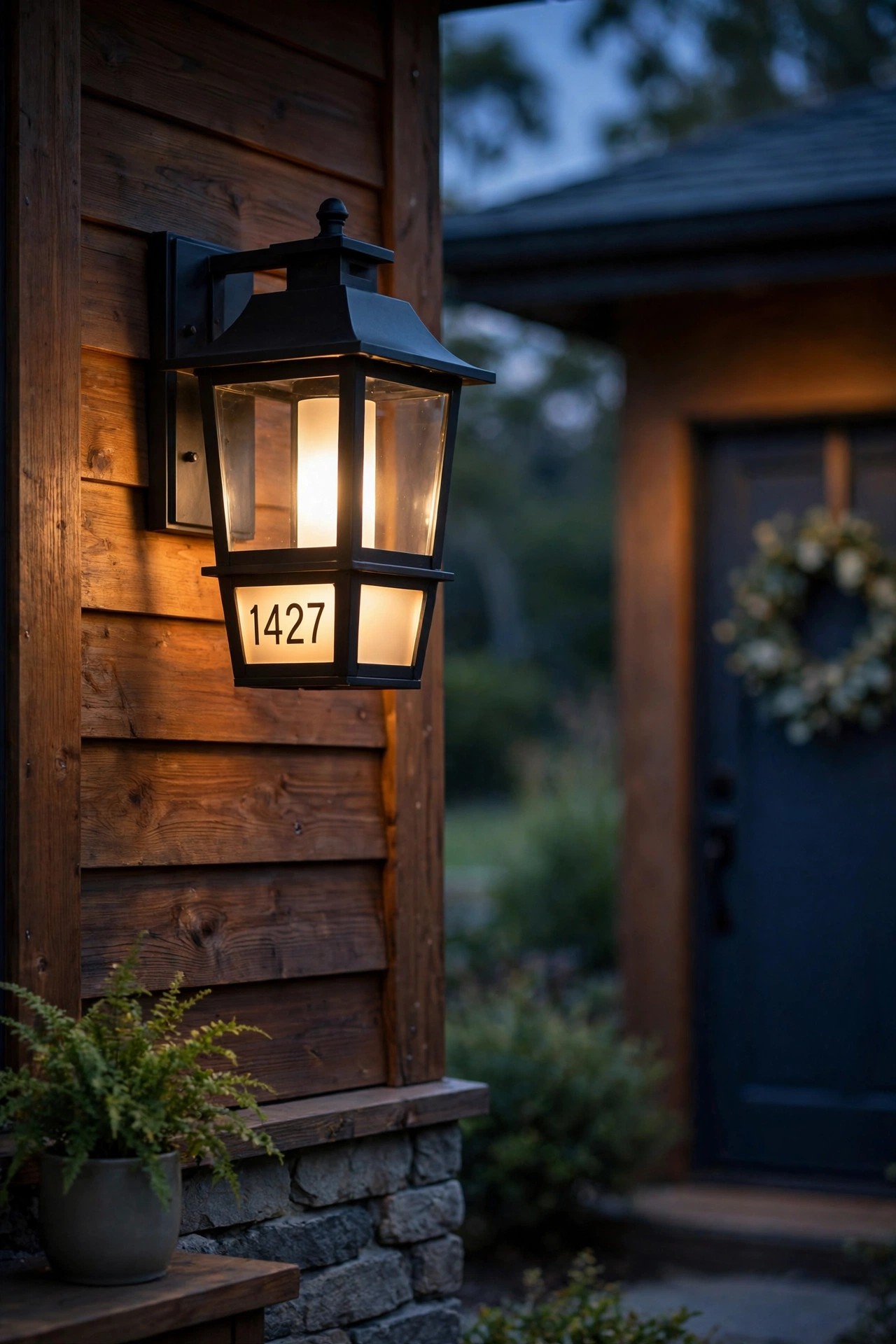 Porch sconce lantern with an illuminated address number panel built into the fixture