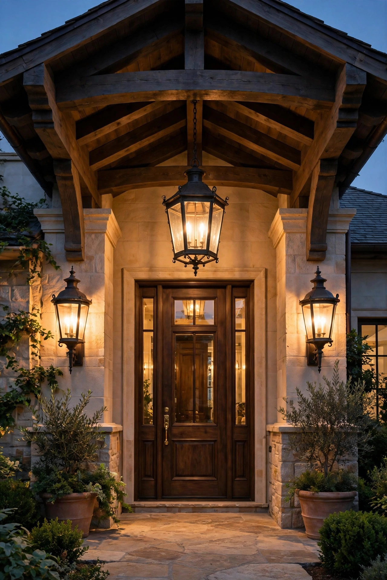 Grand covered entry with oversized sconce pair flanking the door and a large matching hanging lantern pendant overhead, layered warm light