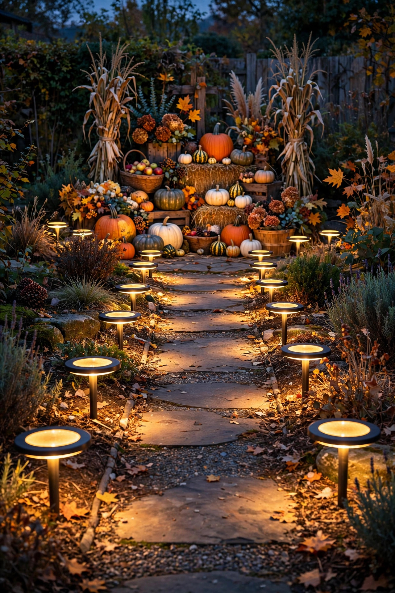 Solar disk lights outlining a path to a fall pumpkin and harvest display in the evening