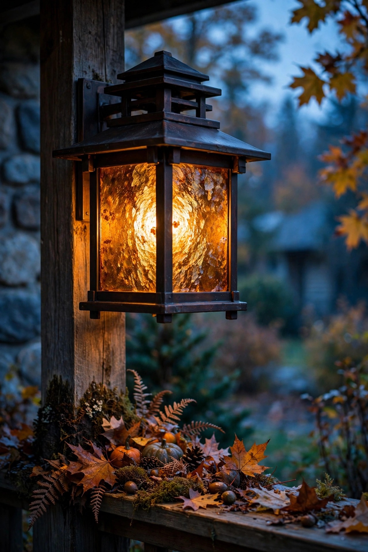 Craftsman porch lantern with deep amber mica glass panels glowing on a cool autumn evening