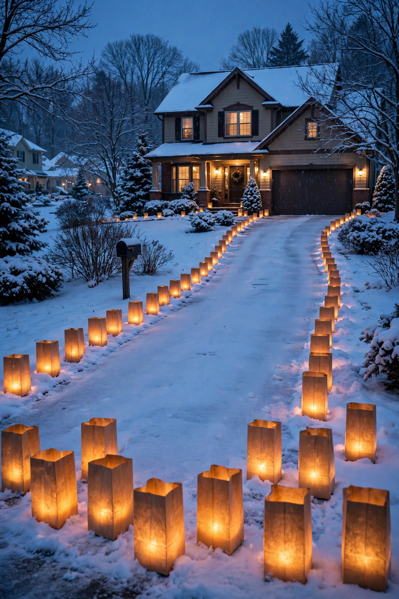 Luminaria lanterns lining a snowy driveway glowing warm on a winter evening
