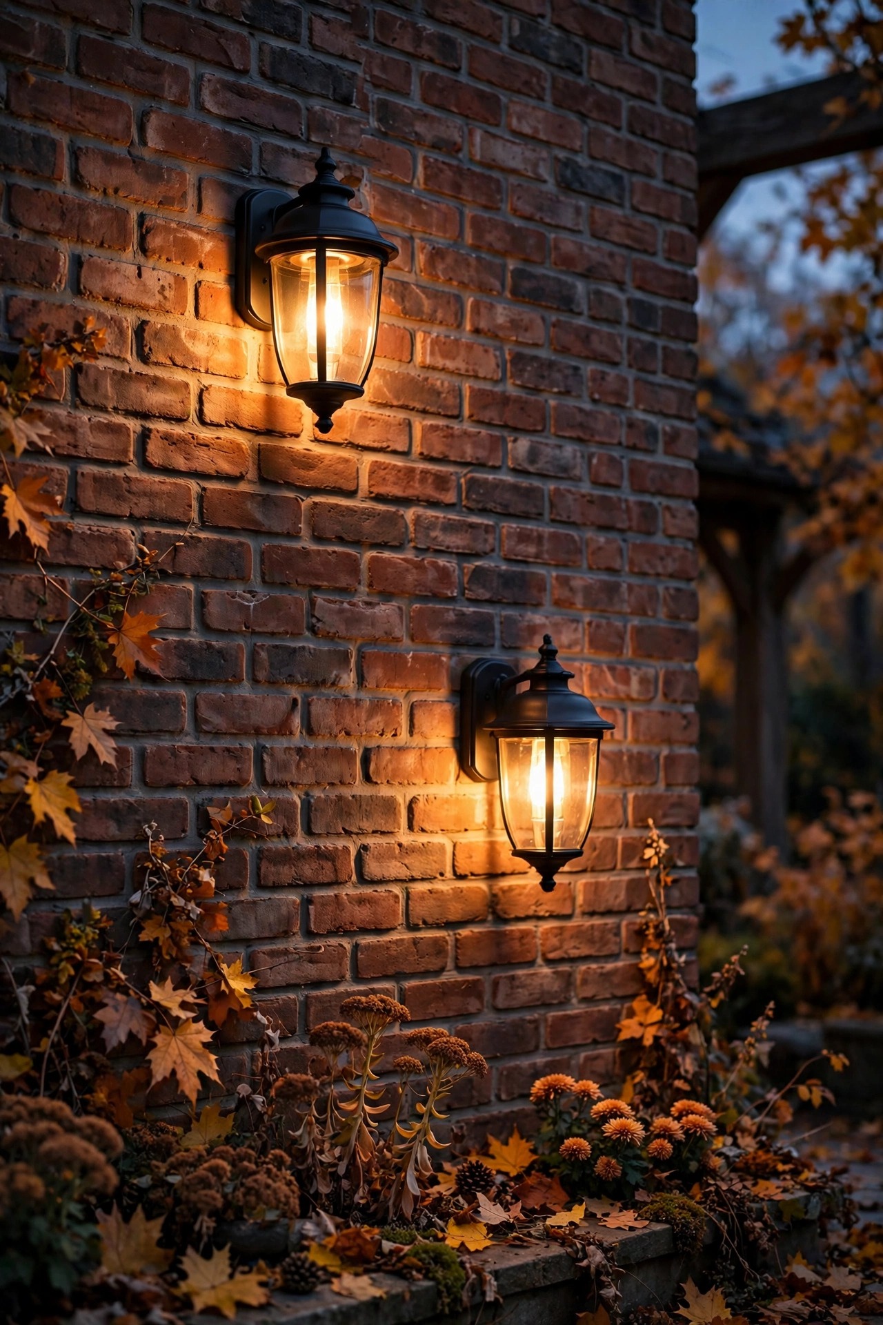 Patio sconces glowing in warm amber smart-bulb light against a brick wall in autumn