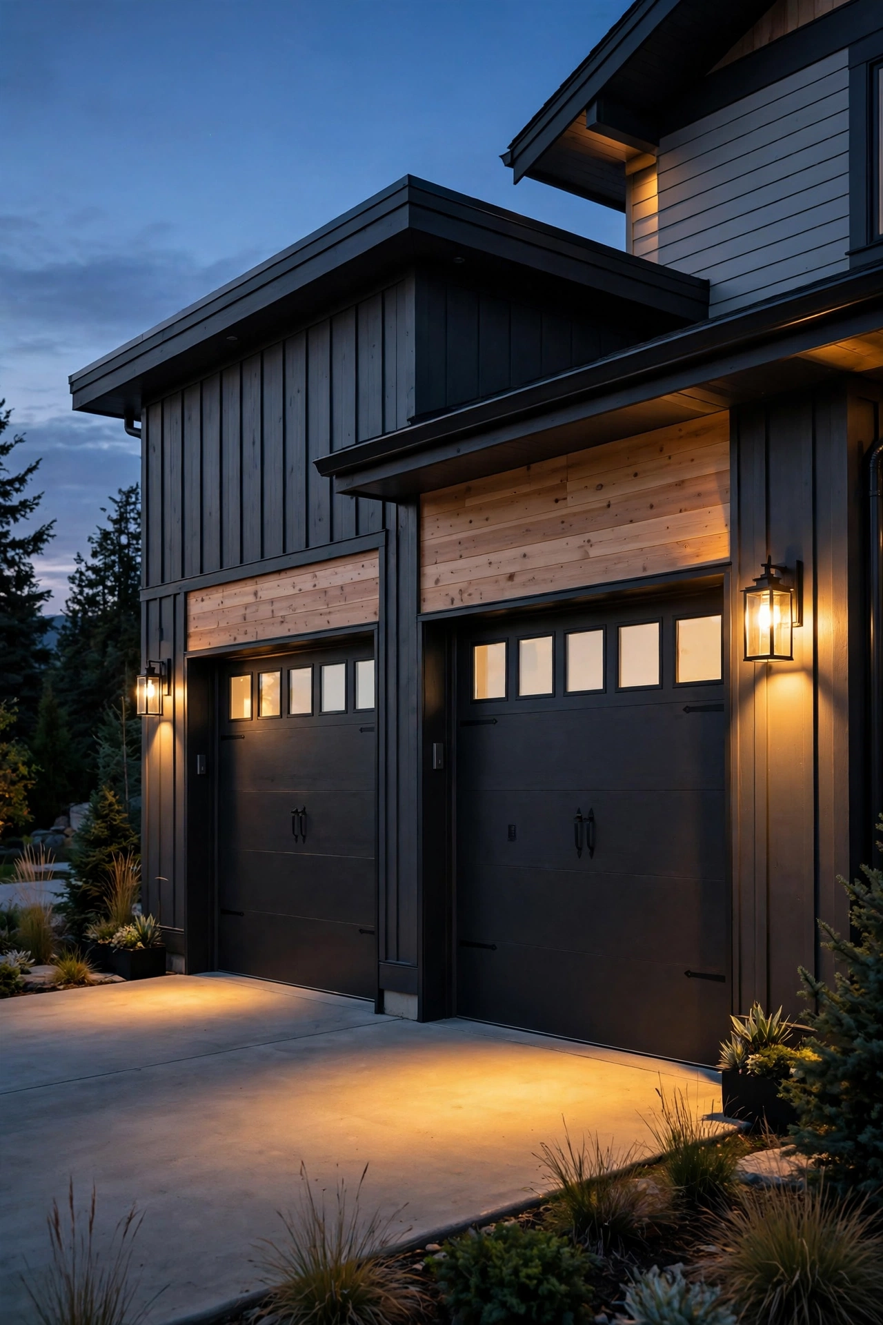 Modern garage at dusk with smart carriage lanterns glowing in warm dimmable light