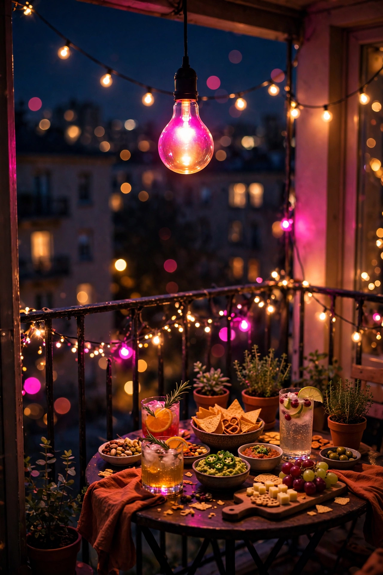 Smart color-changing bulb glowing in an outdoor pendant light on a balcony