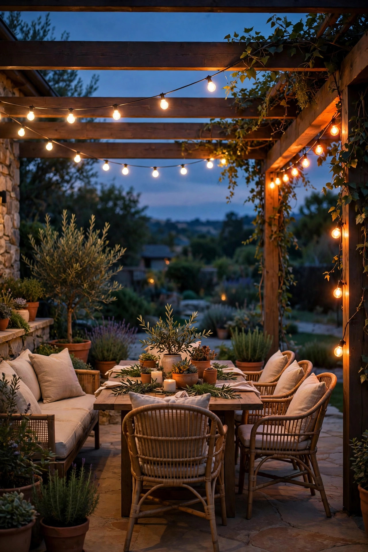 Patio at dusk with warm white light over seating and soft amber color-changing bulbs glowing at the far arm