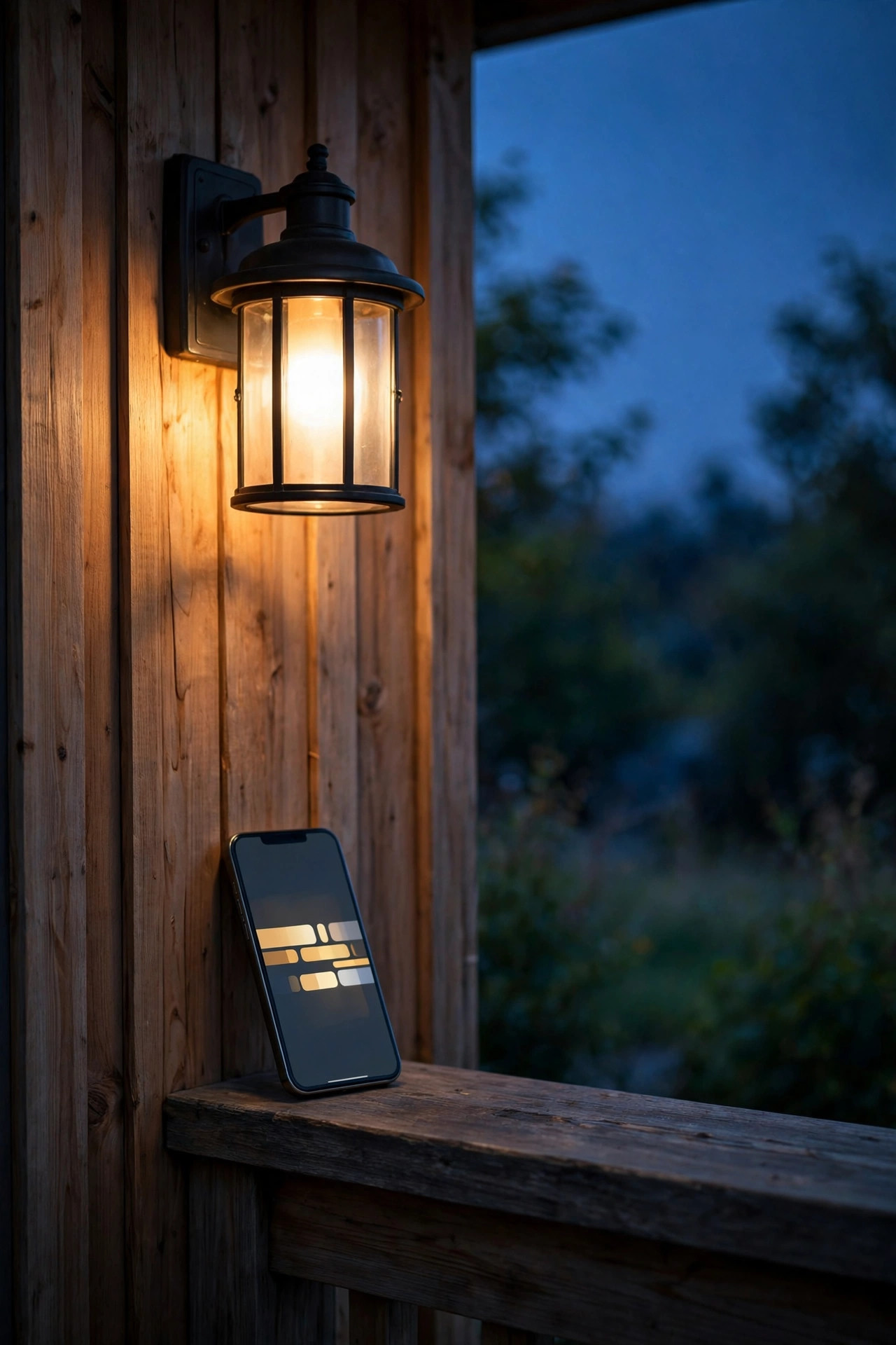 Porch light dimmed to a soft warm glow at dusk beside a phone showing a simple lighting schedule