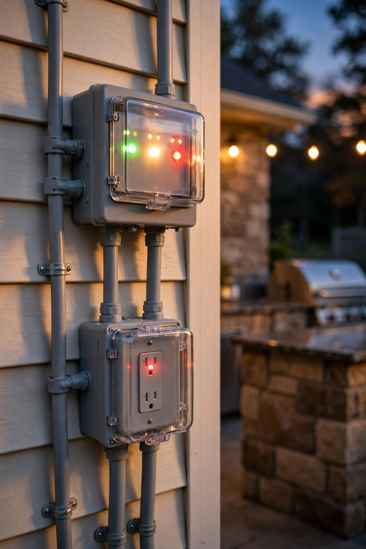 Weatherproof timer box and GFCI outlet controlling outdoor kitchen lighting zones at dusk