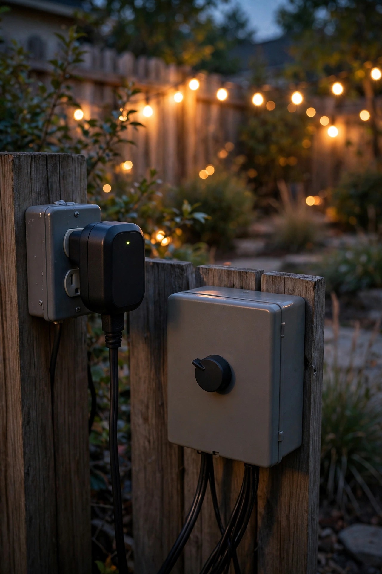 Outdoor smart plug and low voltage transformer timer controlling backyard lighting at dusk