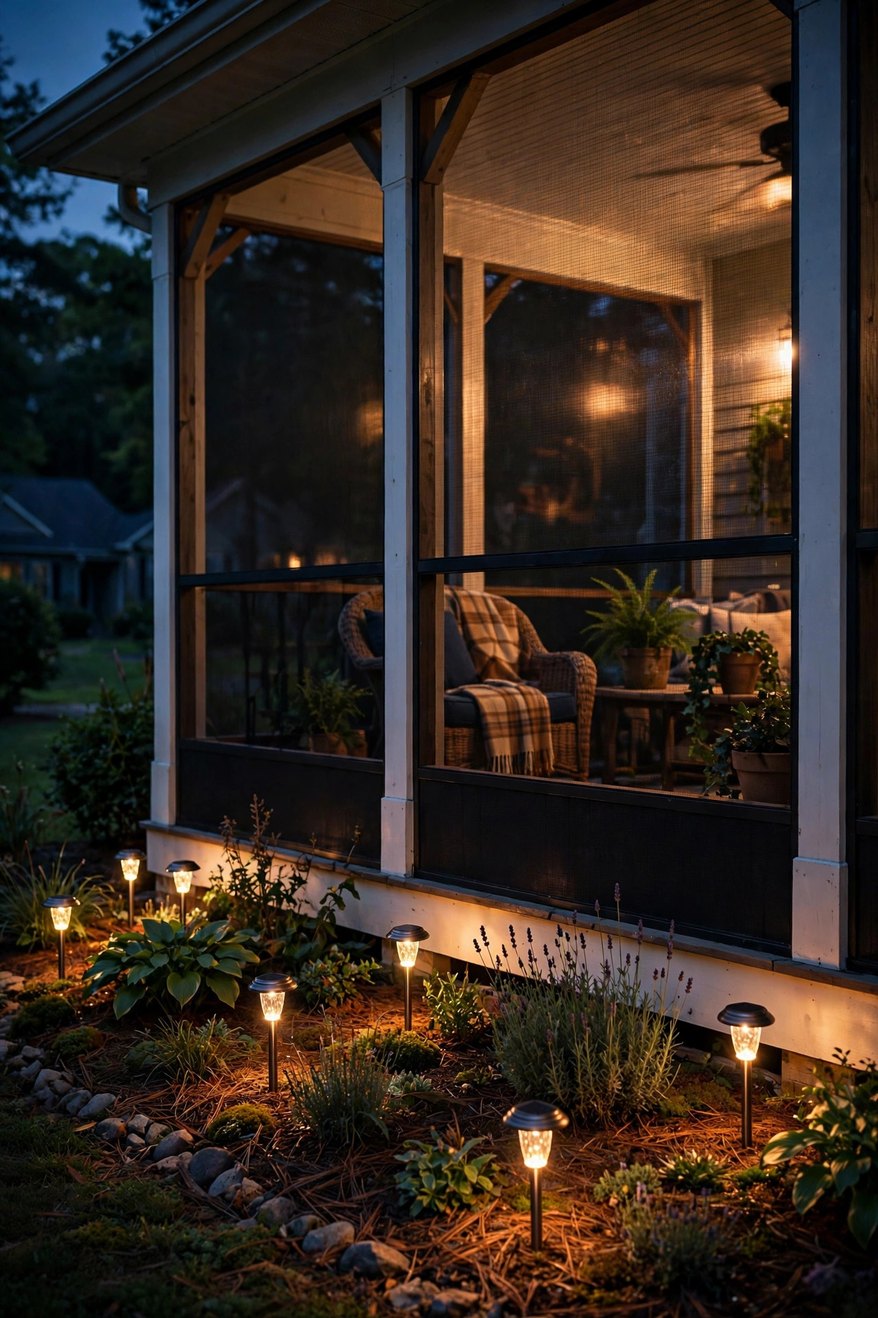Warm solar stake lights glowing in a garden bed just outside screened porch screens at night