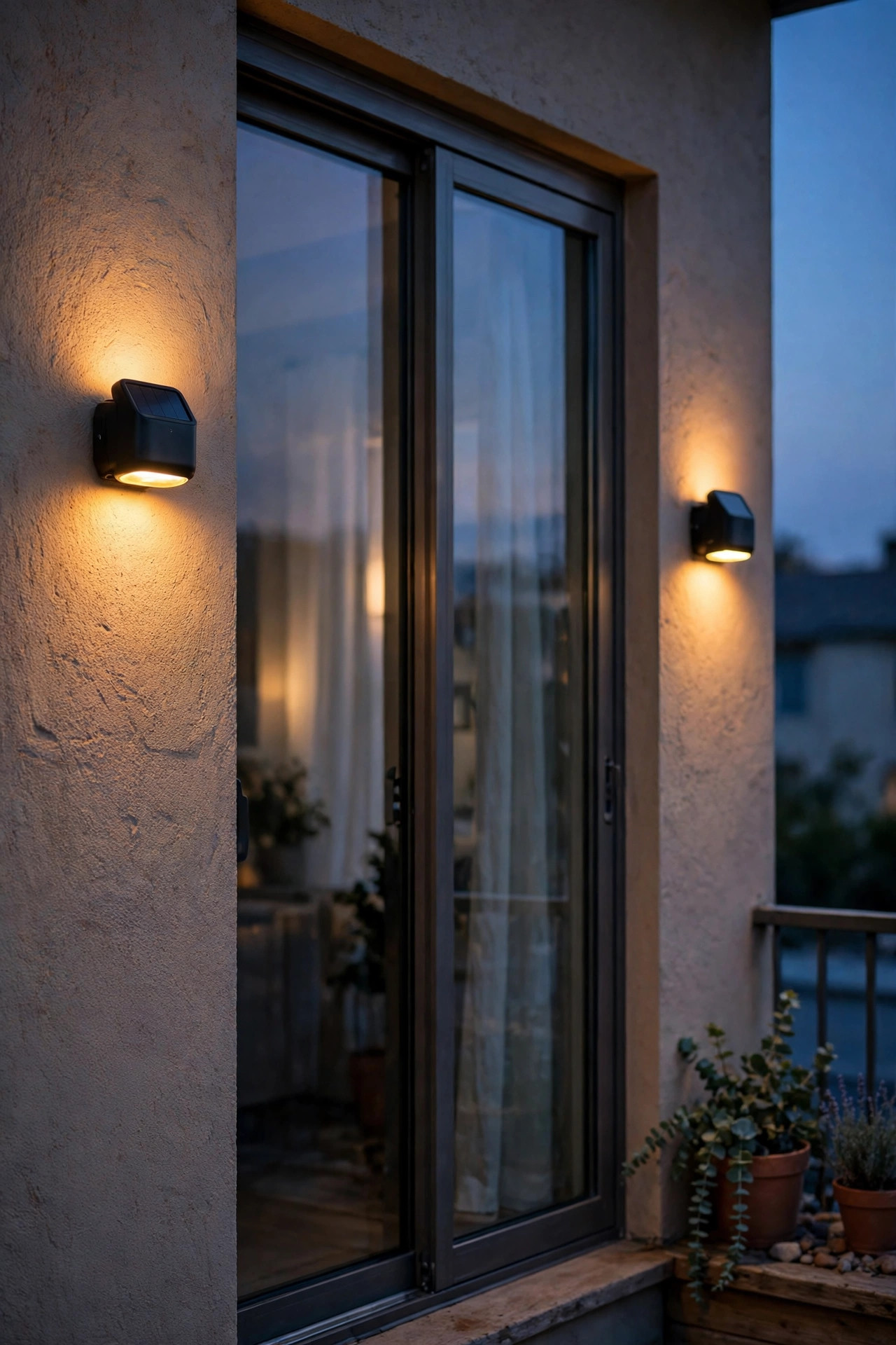 Stick-on solar sconces glowing warmly beside a balcony sliding door at dusk
