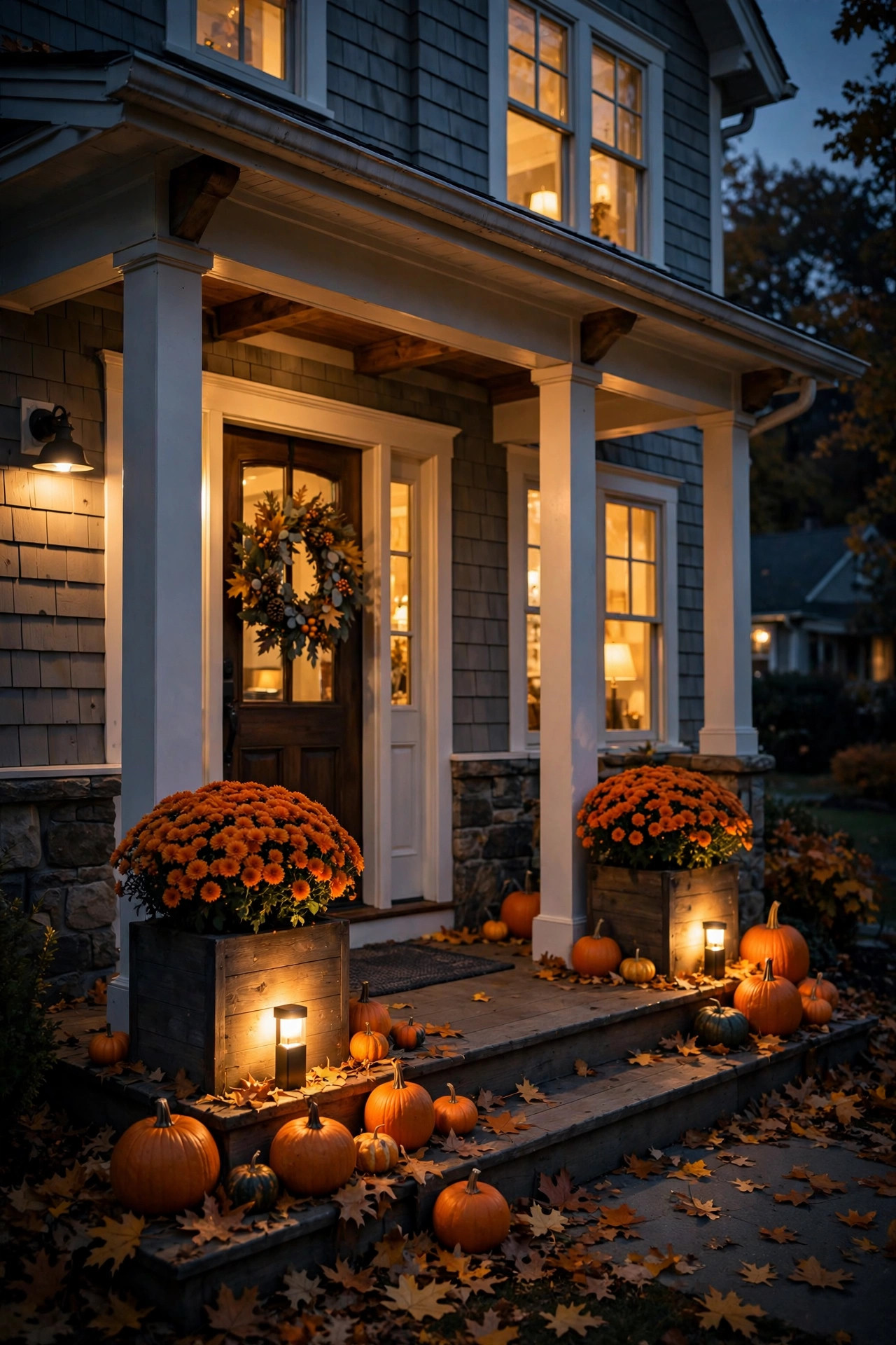 Fall mums in planters illuminated by small uplights on a porch at night