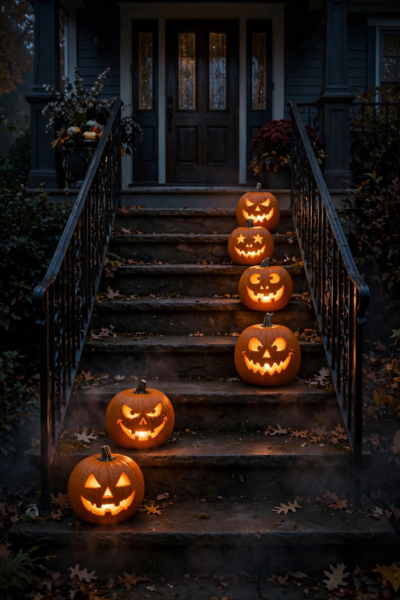 Glowing pumpkins lined up on each porch step riser at Halloween night