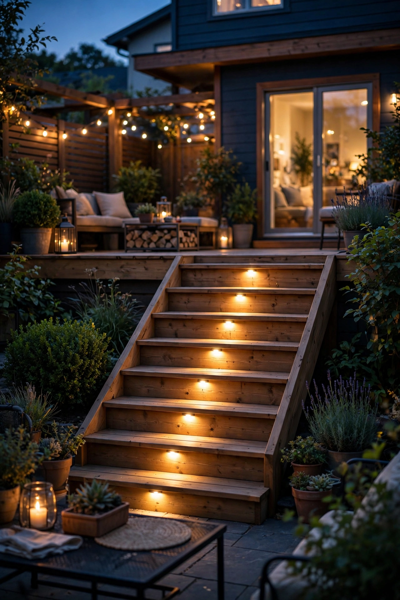 Recessed step lights illuminating backyard stairs for safe evening entertaining