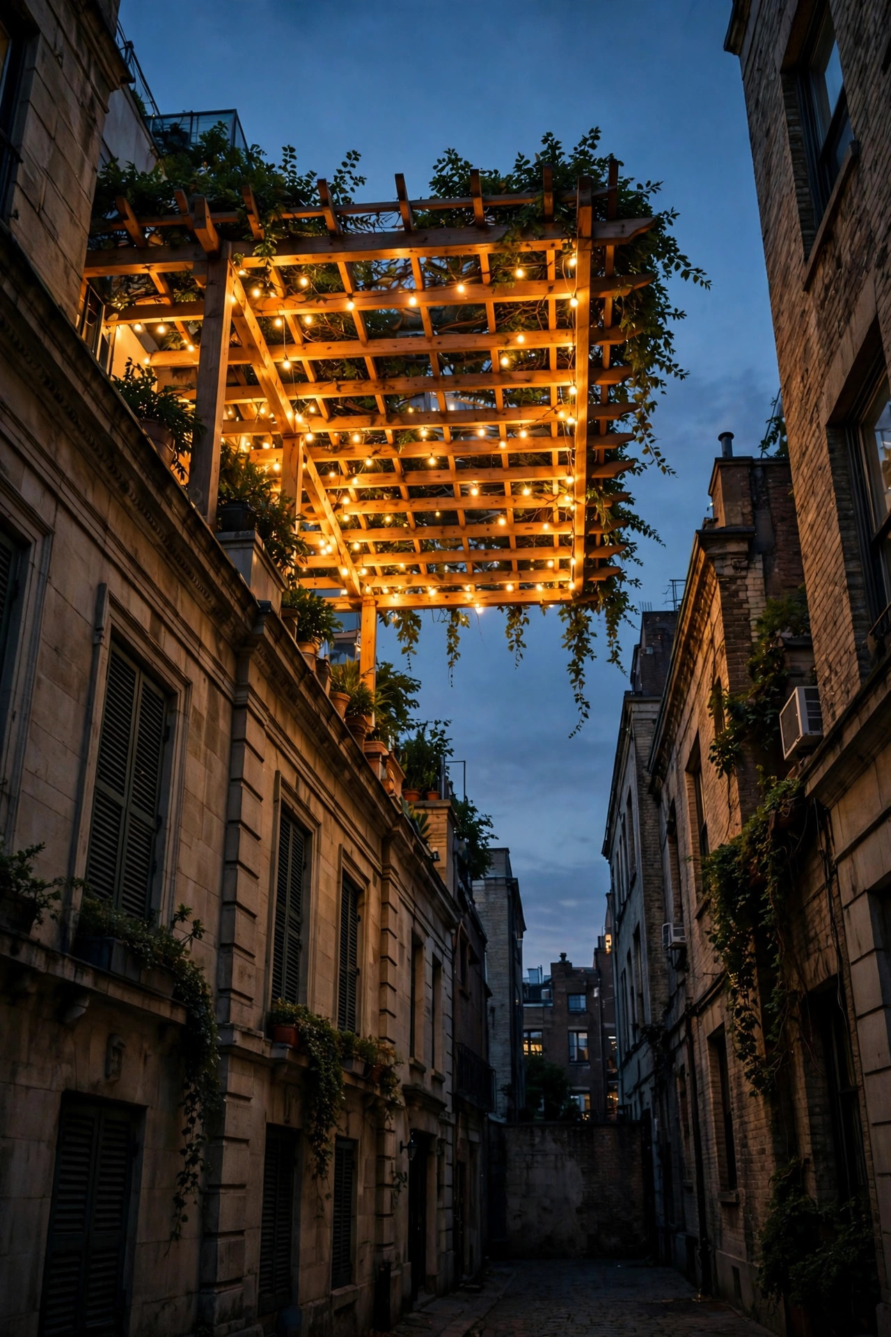 Street level view looking up at a warmly glowing rooftop pergola against the evening sky