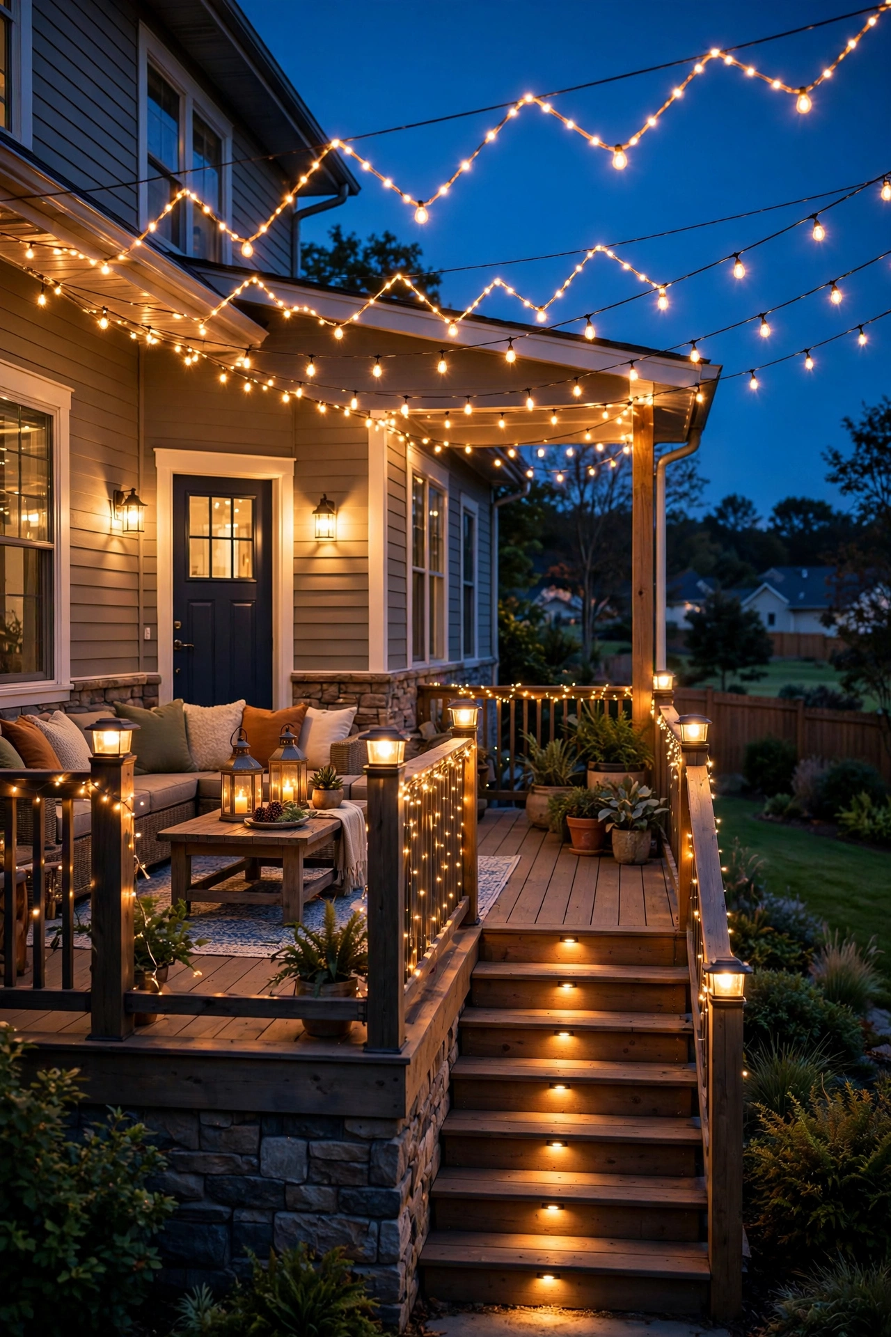 Back porch glowing warmly at dusk with all lights automated on a sunset timer