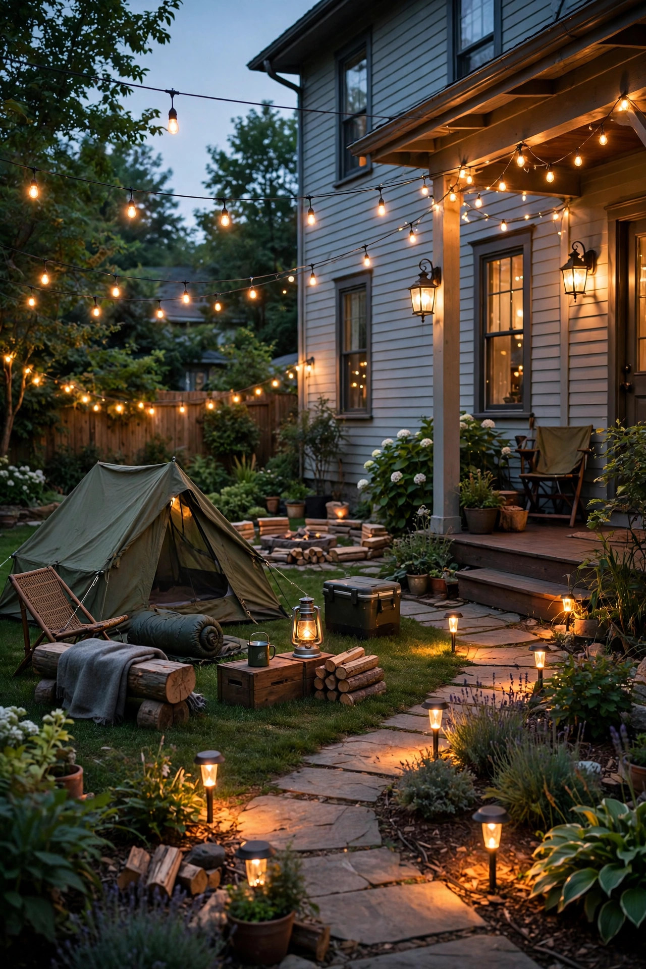 Backyard campout settling into the evening with string lights, path lights and porch lanterns on timers