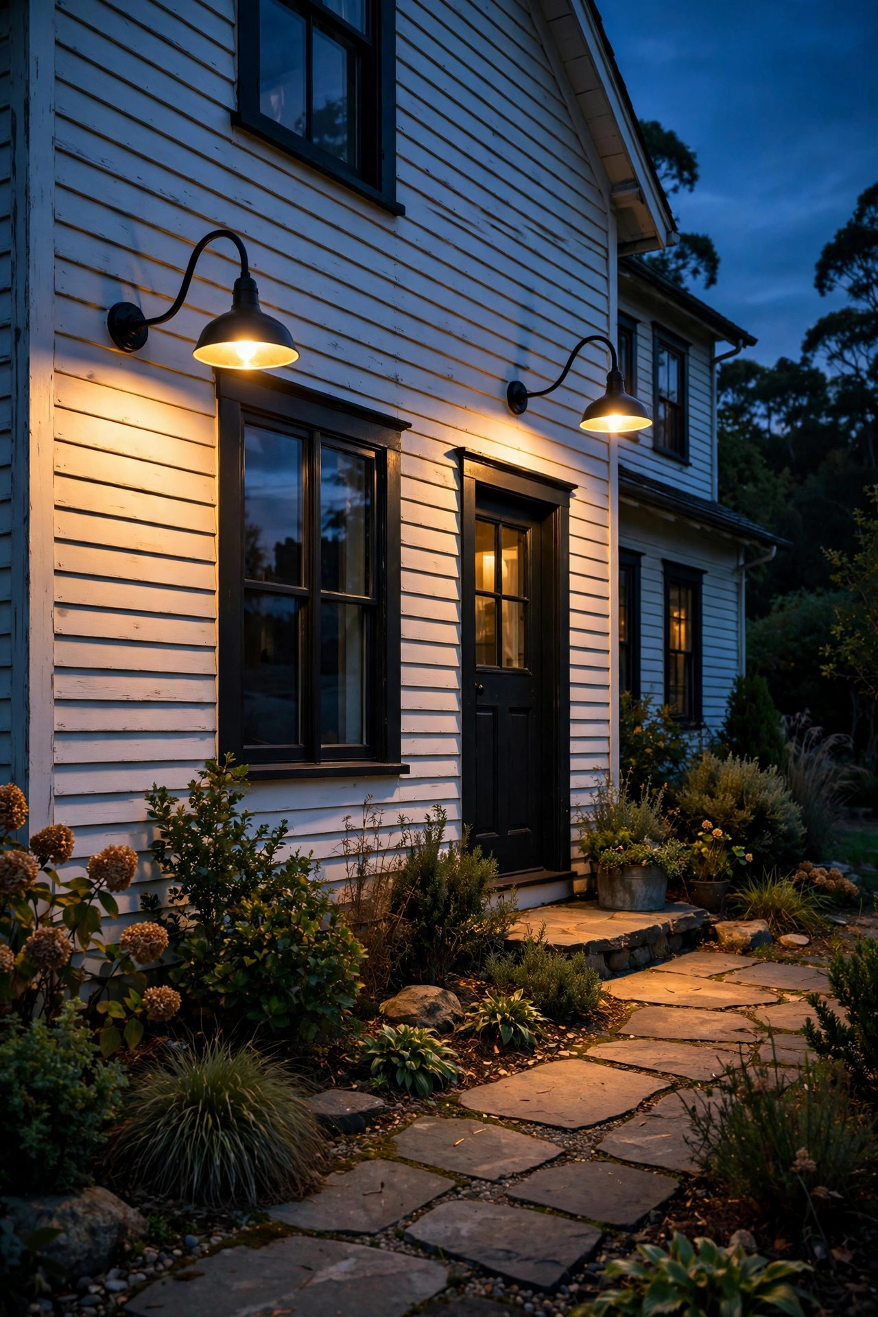 Gooseneck barn lights automatically glowing on a farmhouse exterior at dusk via timer