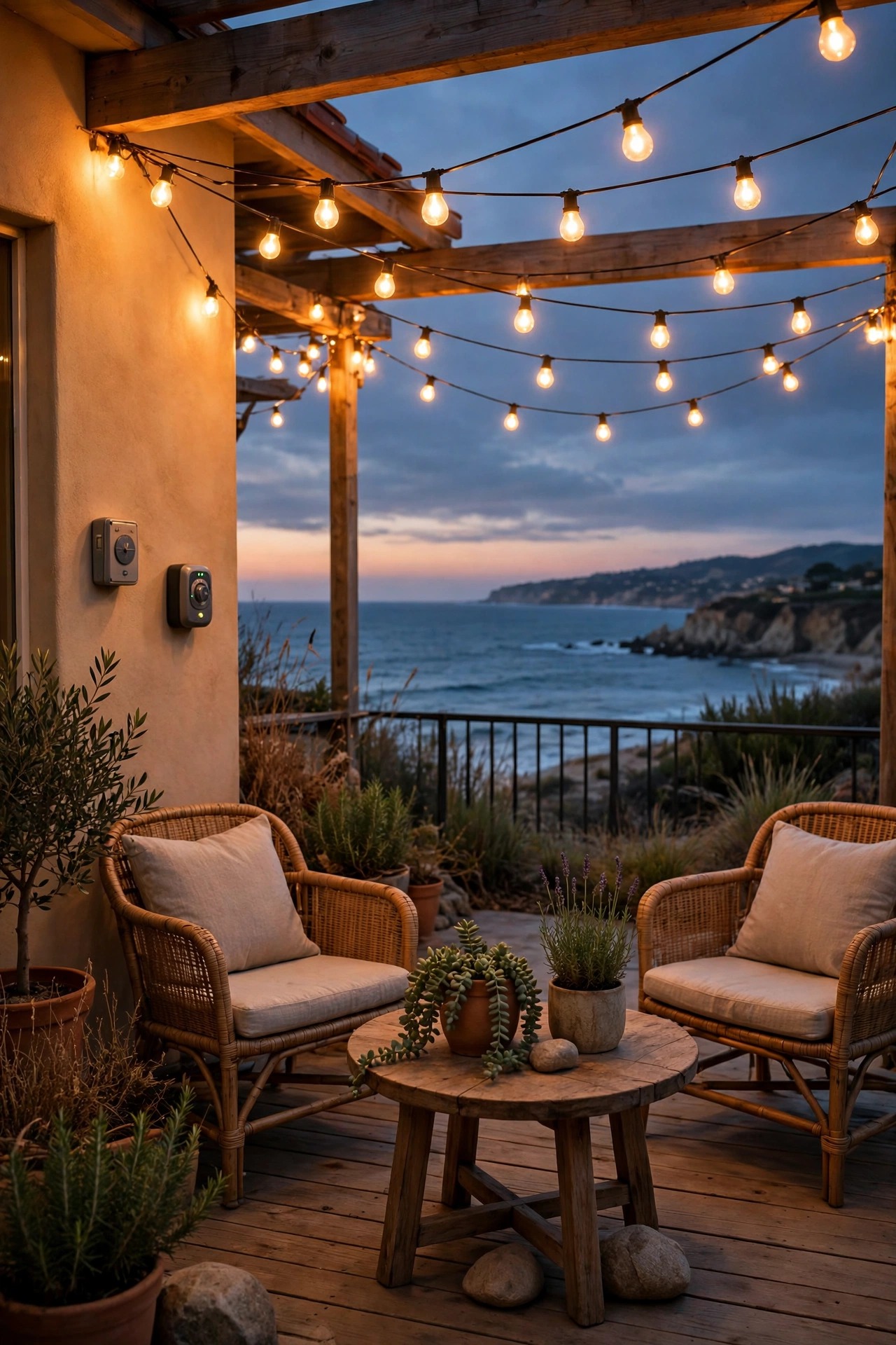 Coastal patio lighting automatically glowing at dusk on timer-controlled string lights