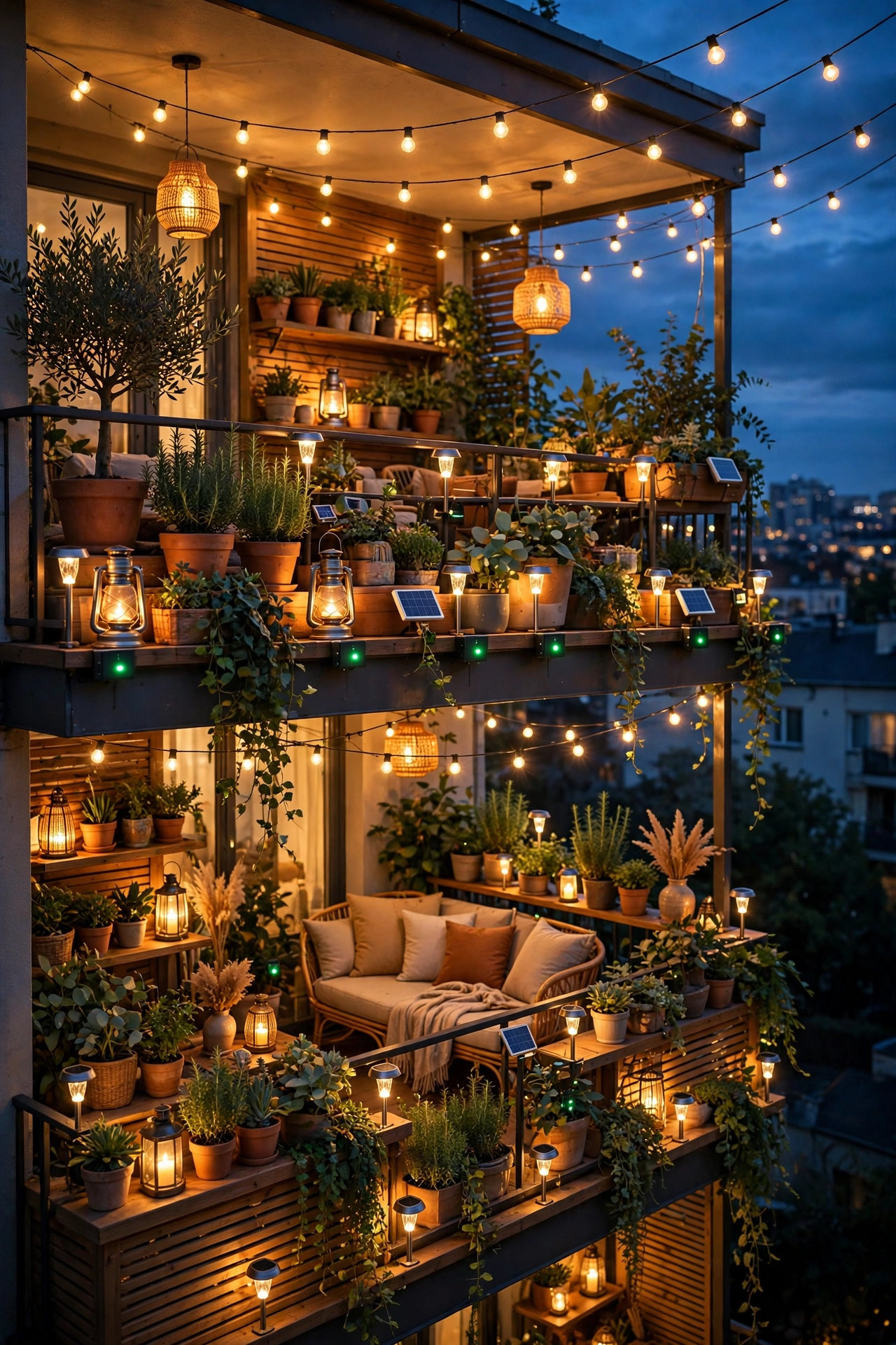 Fully layered apartment balcony glowing at dusk with string lights, lanterns, and solar accents all switched on by timers