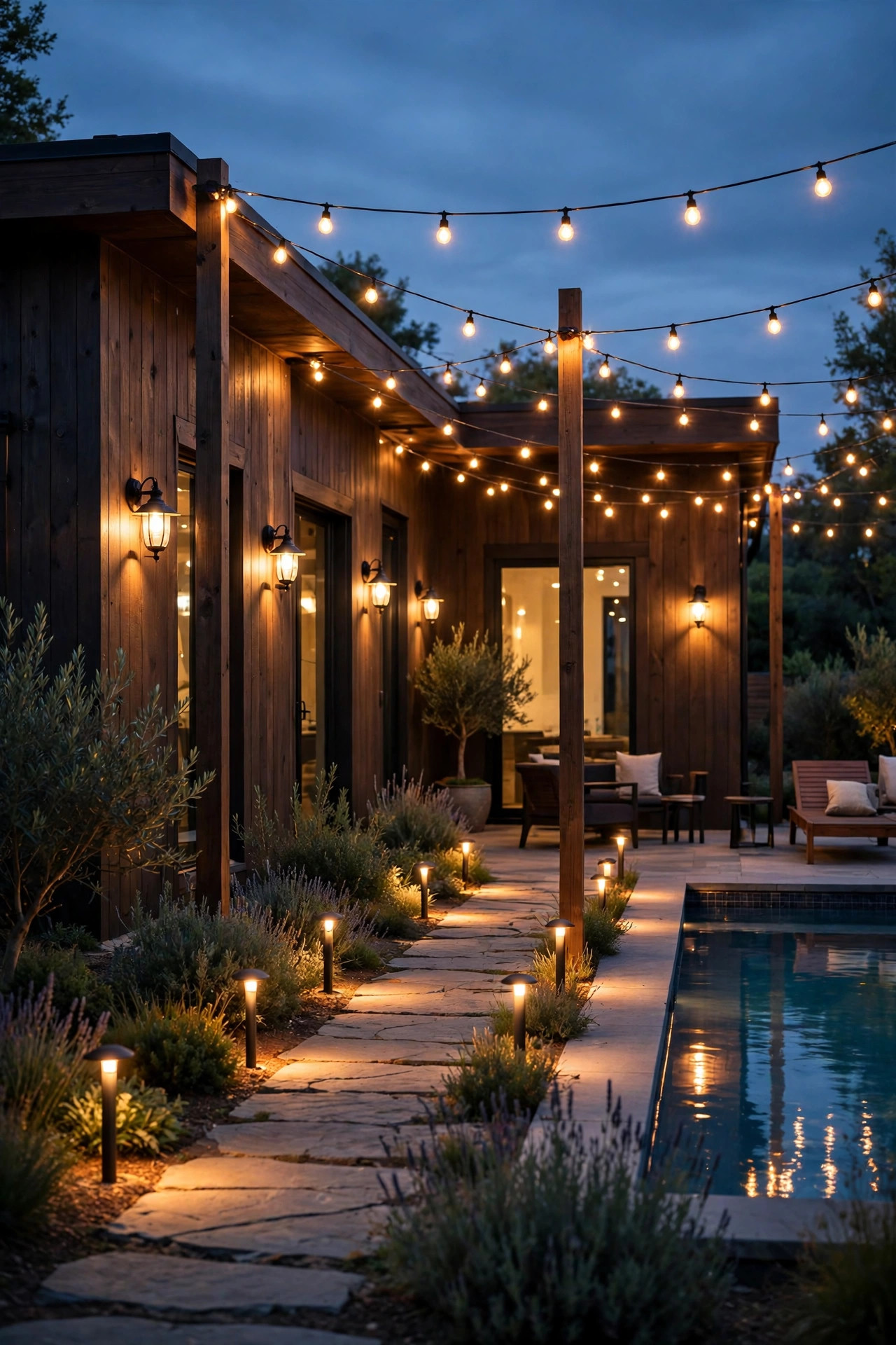 Pool house exterior lights glowing automatically at dusk with path lights, sconces, and string lights all on together