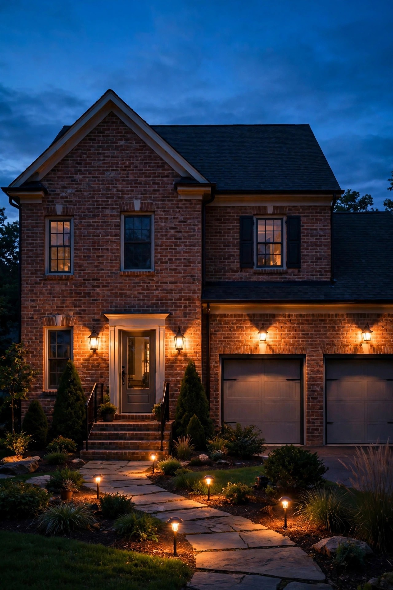 A traditional home at dusk with all door, coach, and path lights coming on together on an automatic timer