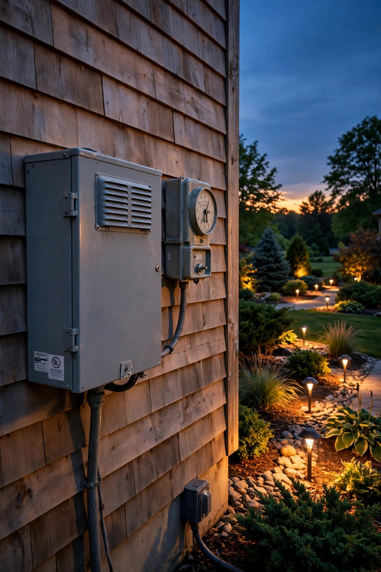 Outdoor lighting transformer with a timer mounted beside a house wall at dusk as the whole yard lighting scene switches on at sunset