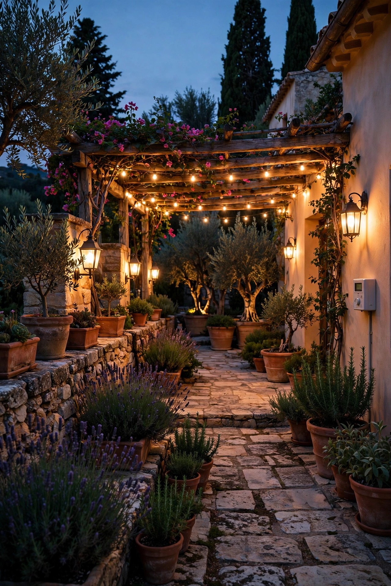 Mediterranean garden at dusk with every light glowing the same warm 2700K temperature on a timer