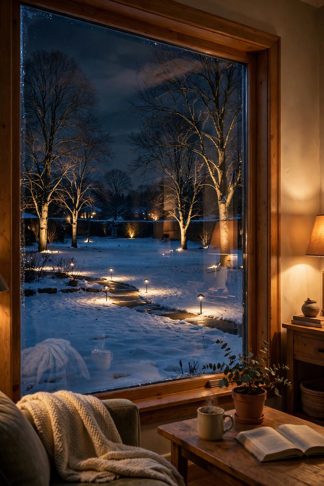 Living room window view of a snowy yard with a spotlighted tree glowing outside at night
