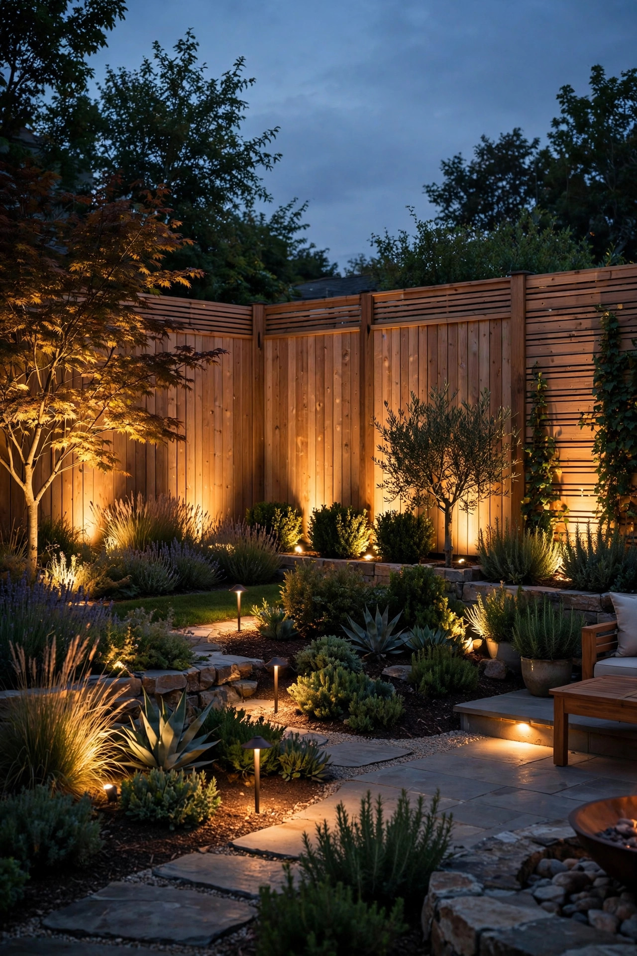 Complete backyard fence wall wash lighting plan with zoned warm washes and layered accents