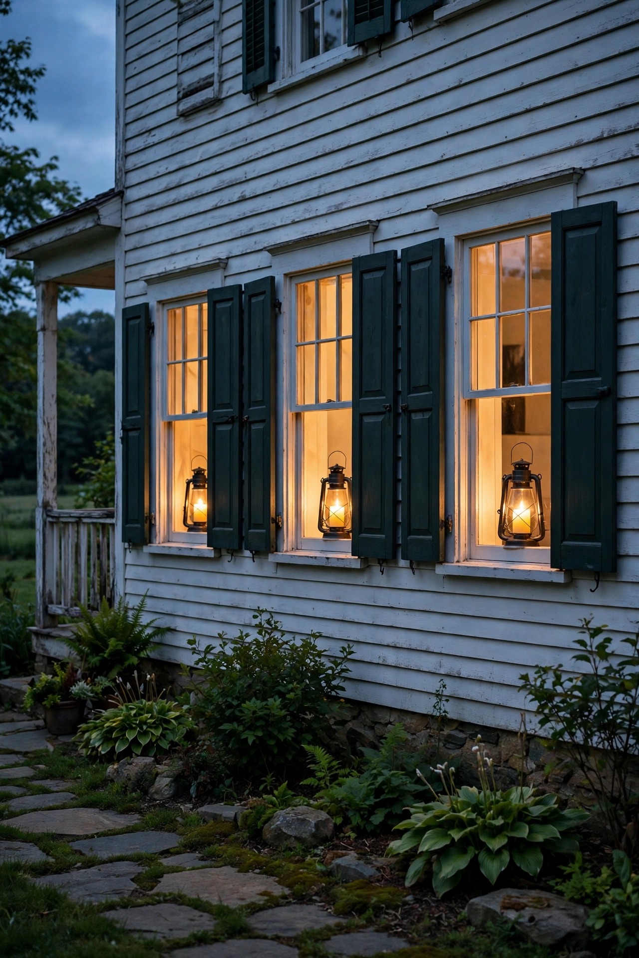 Flameless candle lanterns glowing warmly in the front windows of a farmhouse at dusk
