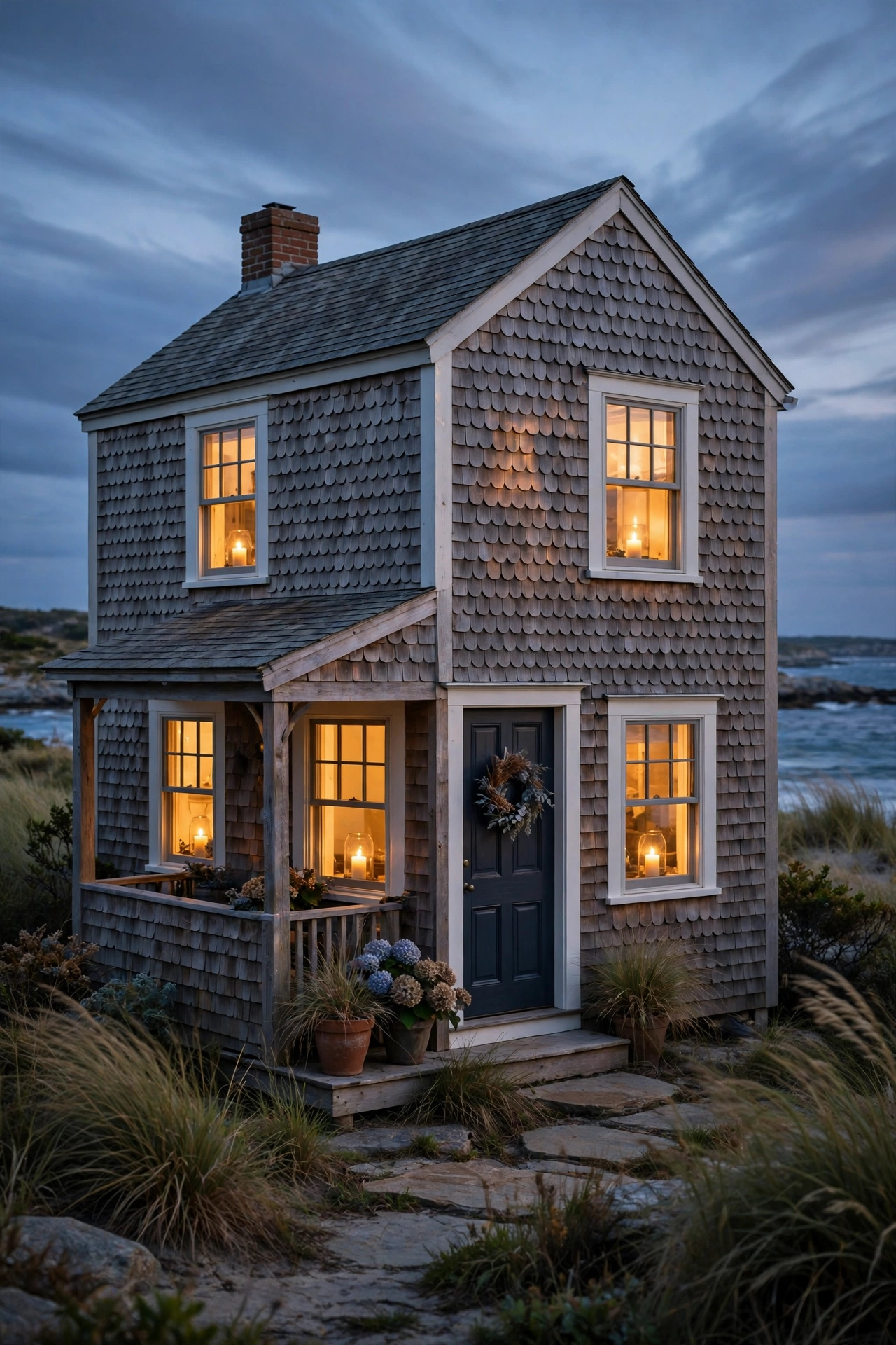 Warm candle-style lights glowing in the windows of a coastal cottage at dusk