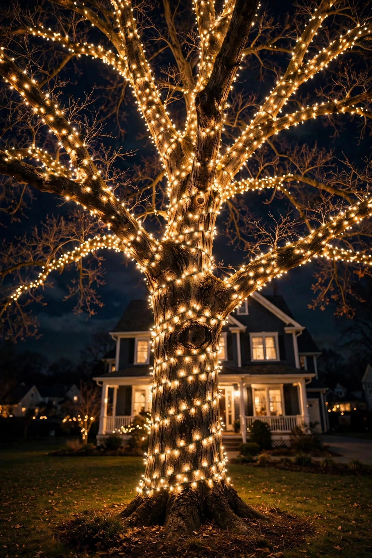 Front yard tree trunk and branches spiral-wrapped in warm-white Christmas lights at night