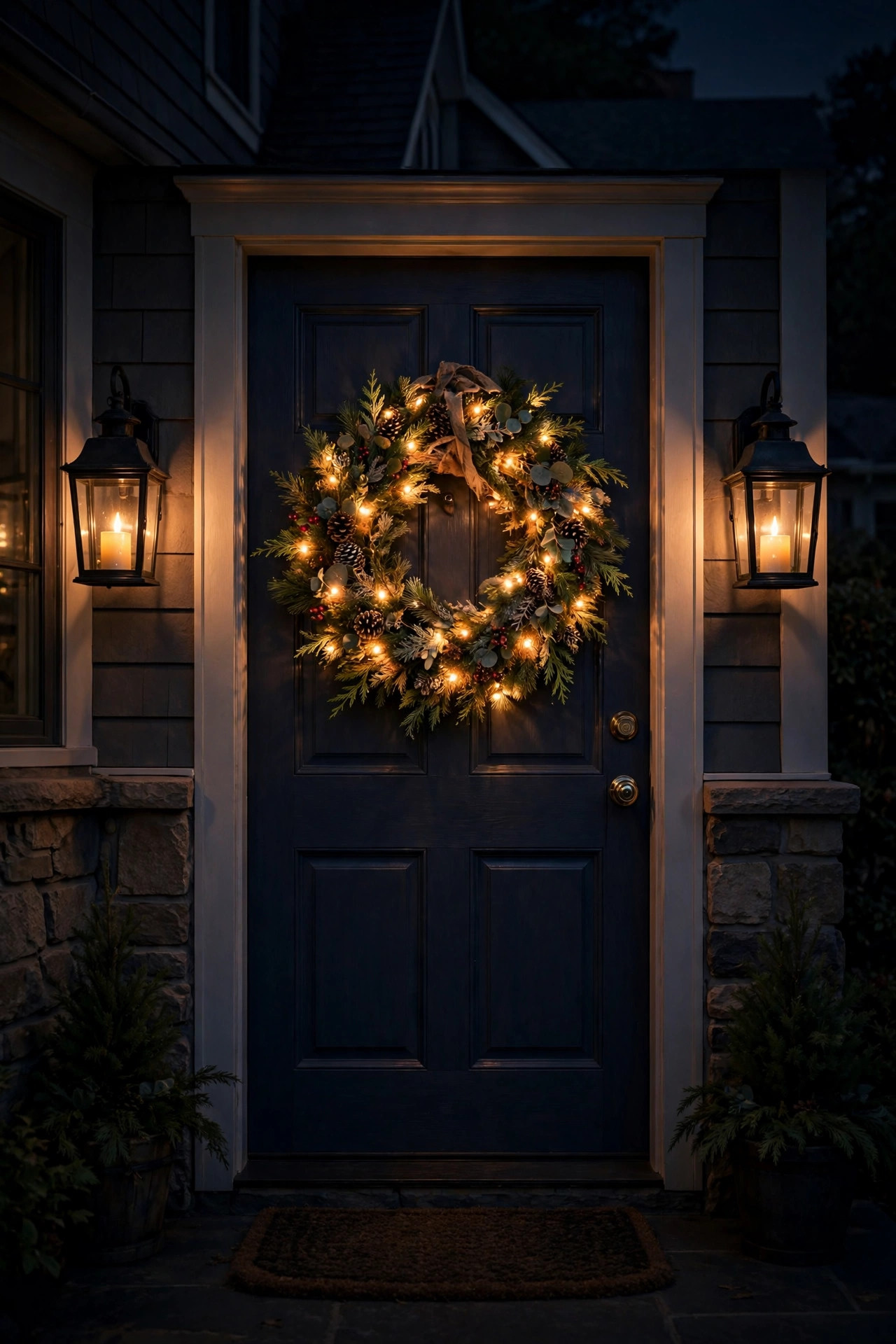 Pre-lit wreath on a front door flanked by glowing lanterns with LED candles at night