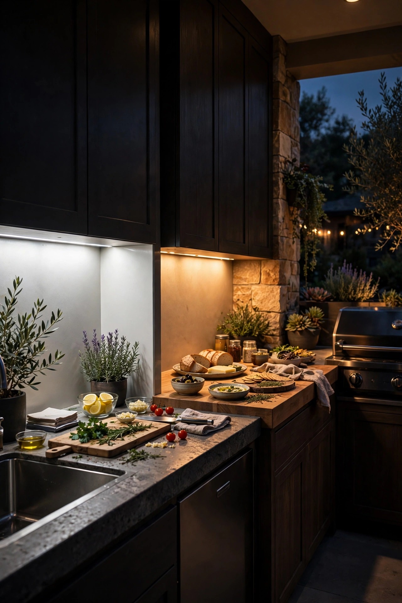 Outdoor kitchen at night with zoned under cabinet lighting showing bright prep zone and warm serving zone