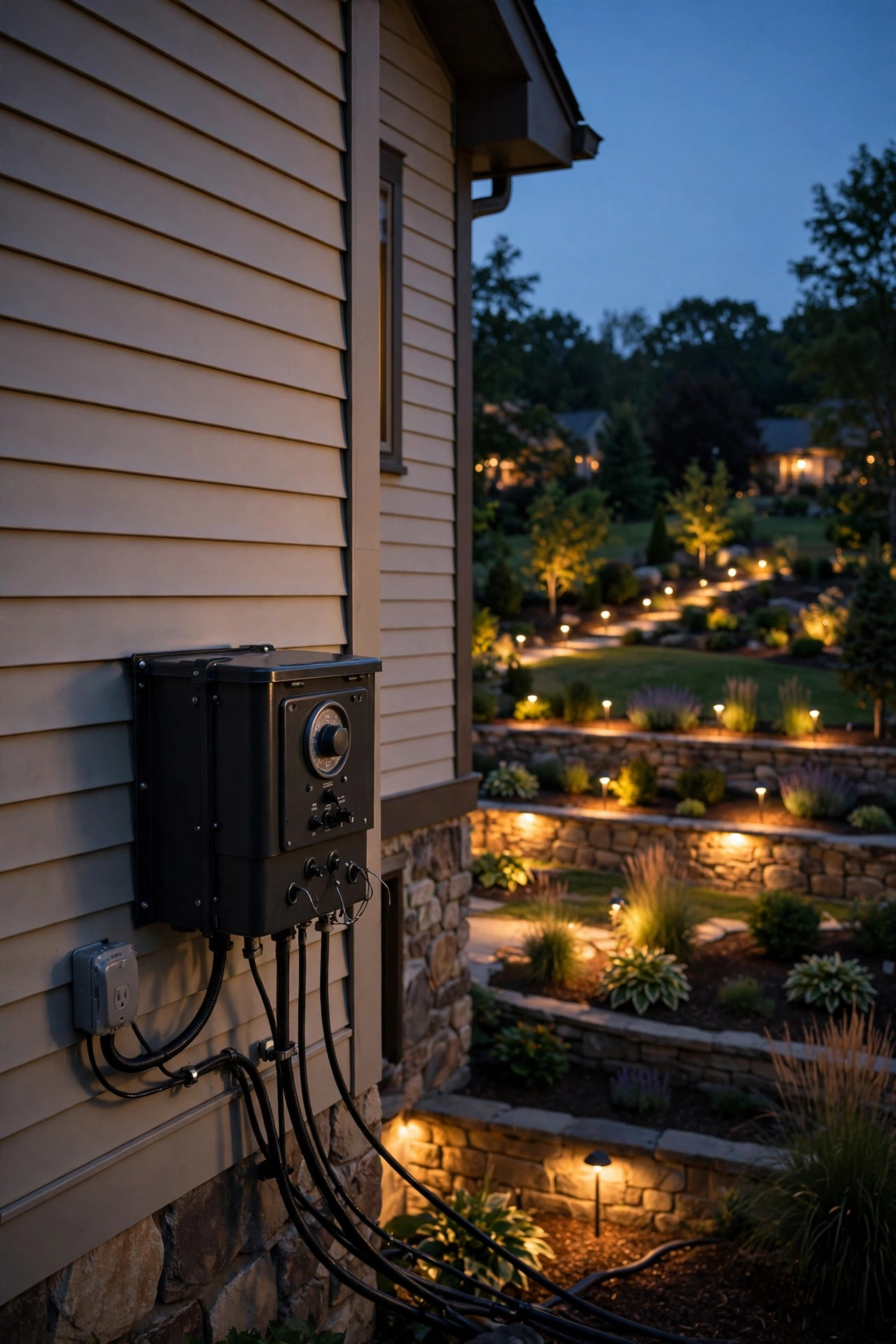Low-voltage transformer and timers controlling separate lighting zones on a terraced yard at dusk